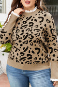 Plus Size Leopard Knit Lacy Trim Long Sleeve Sweater - Rooted & Reckless Co.