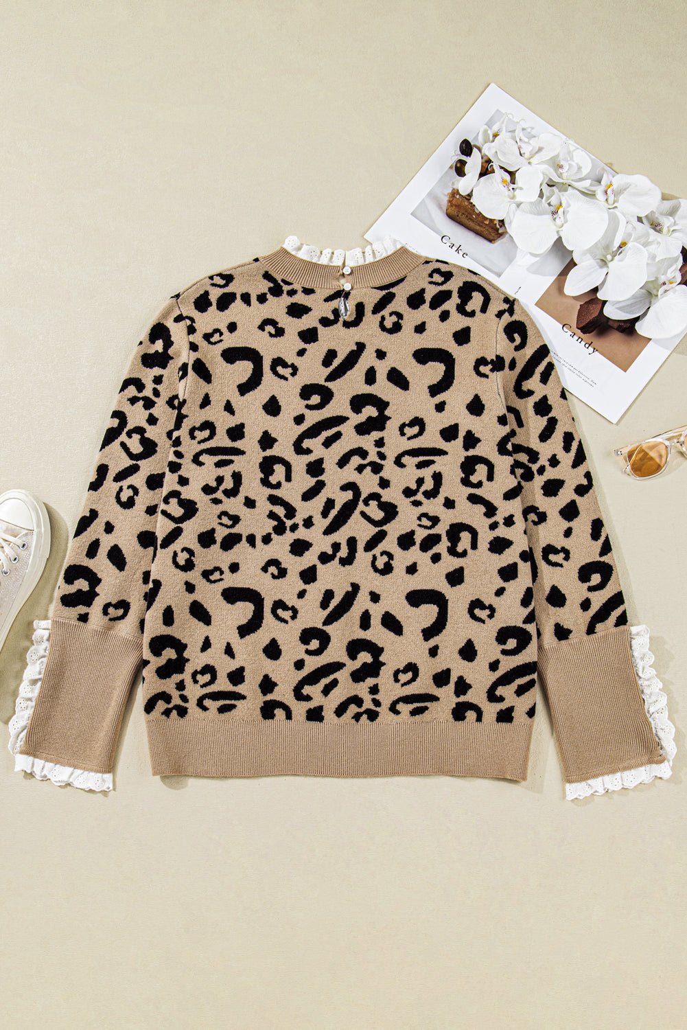 Plus Size Leopard Knit Lacy Trim Long Sleeve Sweater - Rooted & Reckless Co.