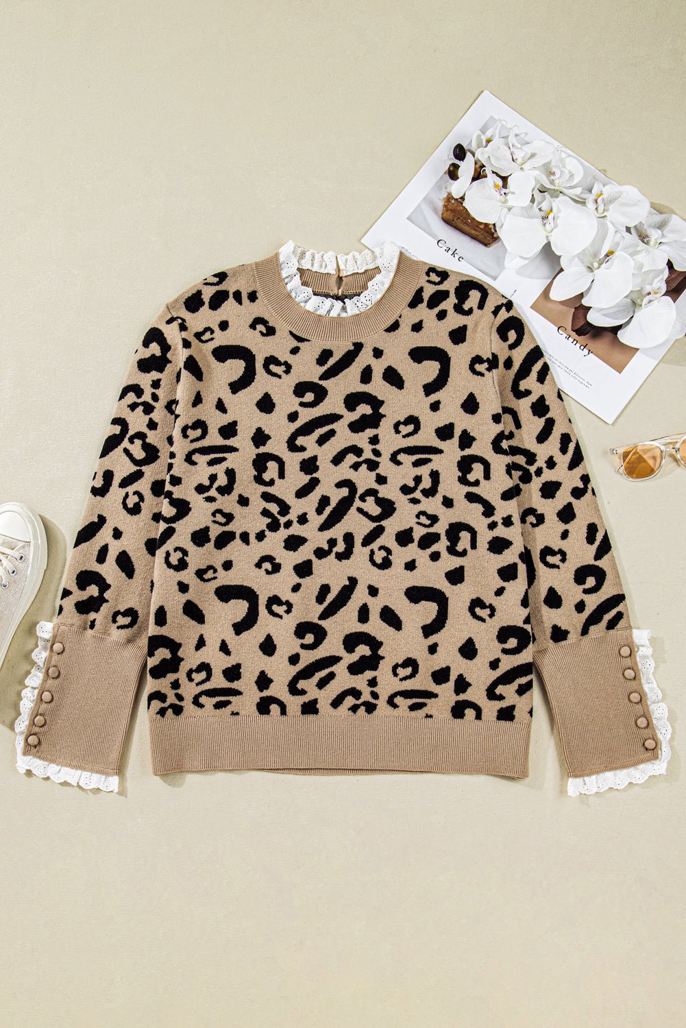 Plus Size Leopard Knit Lacy Trim Long Sleeve Sweater - Rooted & Reckless Co.
