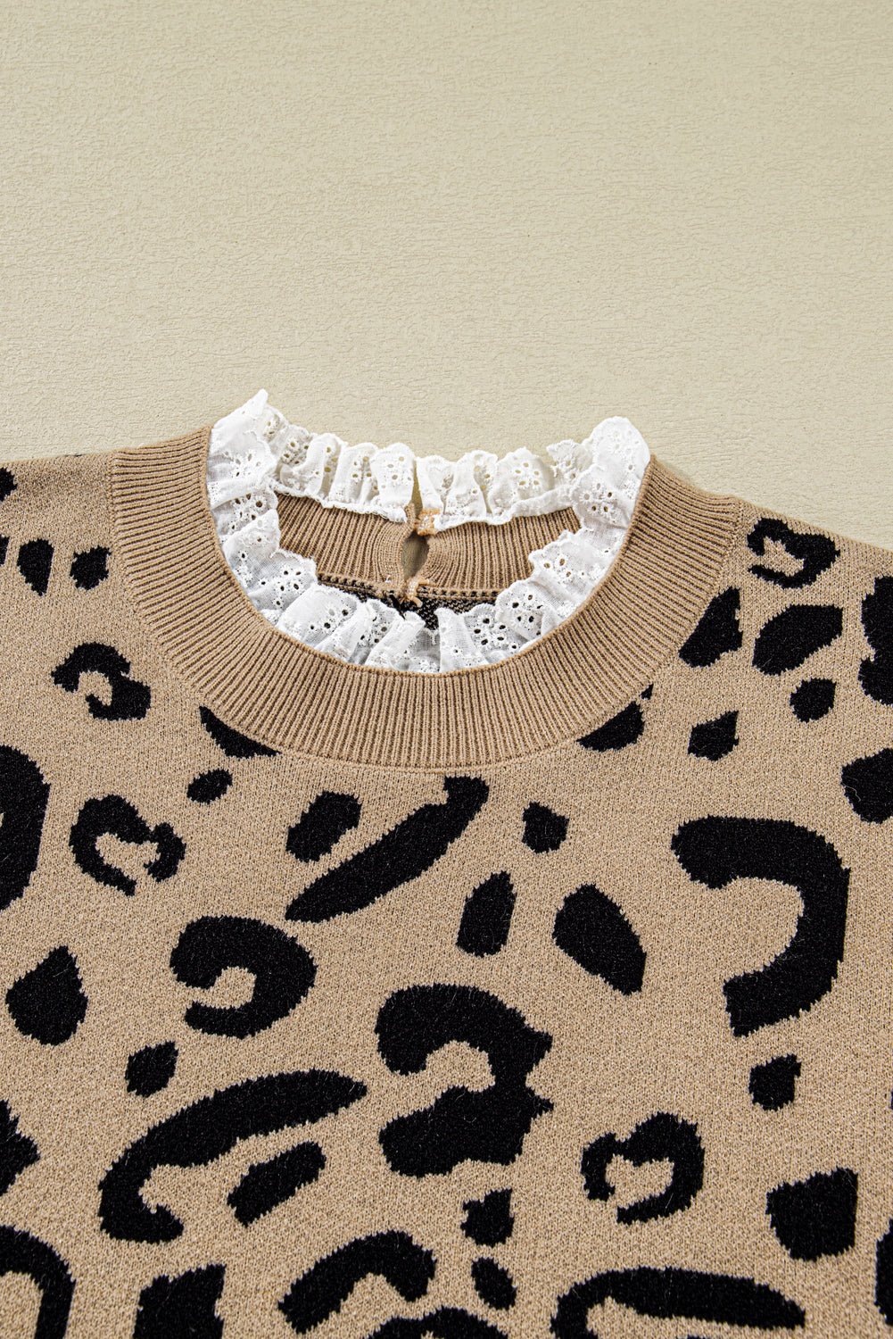 Plus Size Leopard Knit Lacy Trim Long Sleeve Sweater - Rooted & Reckless Co.