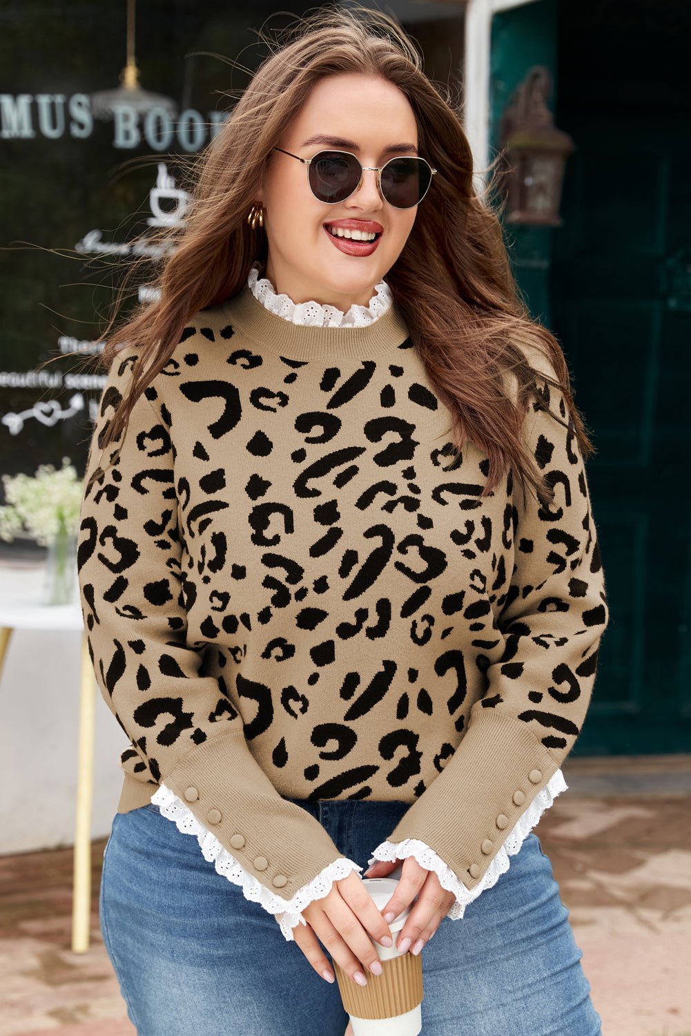 Plus Size Leopard Knit Lacy Trim Long Sleeve Sweater - Rooted & Reckless Co.