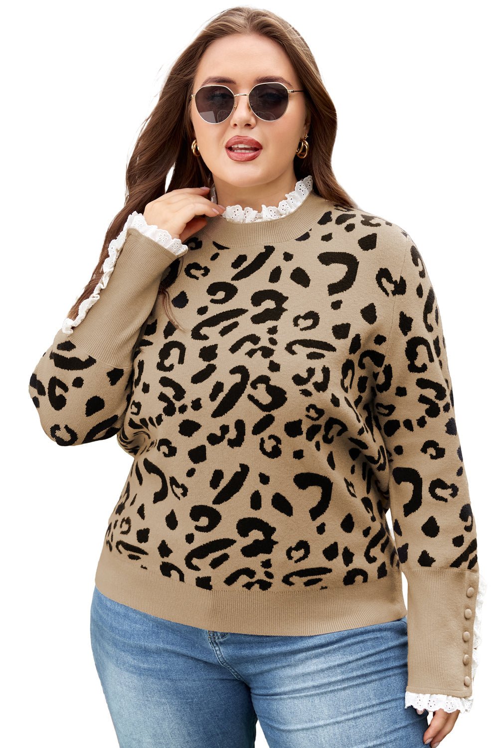 Plus Size Leopard Knit Lacy Trim Long Sleeve Sweater - Rooted & Reckless Co.