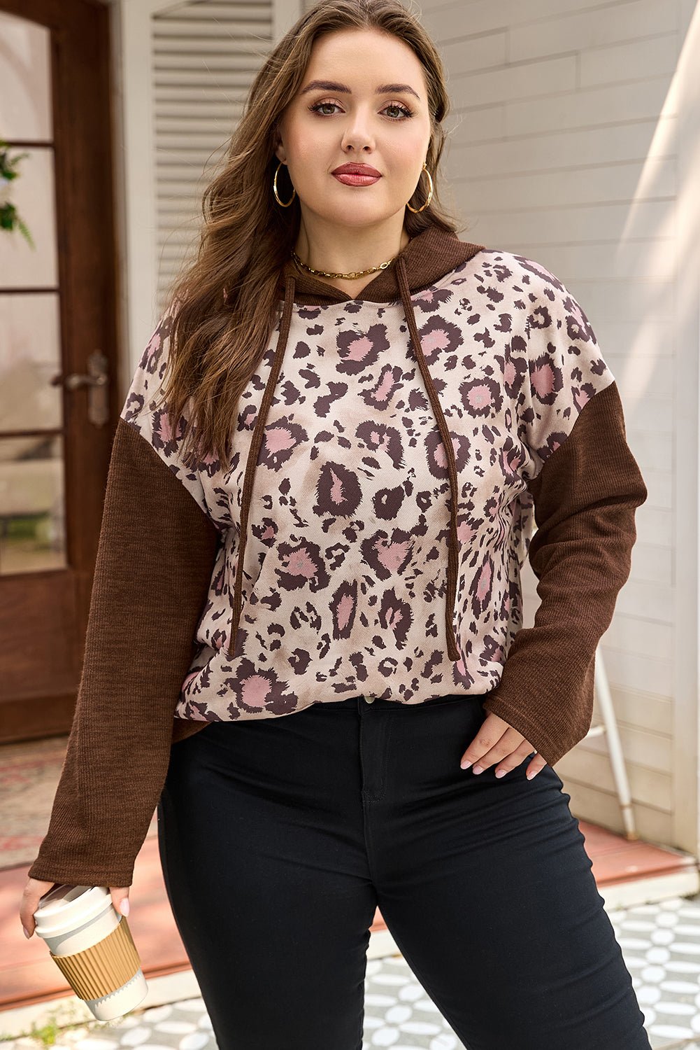 Plus Size Leopard Knit Patchwork Hoodie - Rooted & Reckless Co.