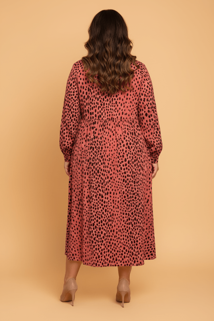 Plus Size Leopard Long Sleeve V-Neck Midi Dress - Rooted & Reckless Co.