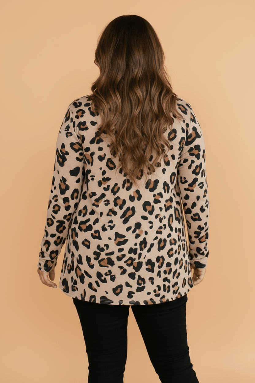 Plus Size Leopard Open Front Long Sleeve Tunic Cardigan - Rooted & Reckless Co.