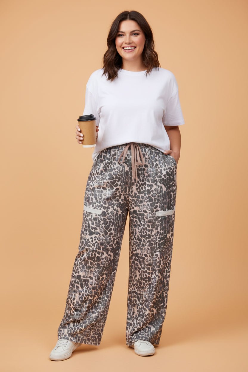 Plus Size Leopard Patch Pocket Drawstring Pants - Rooted & Reckless Co.