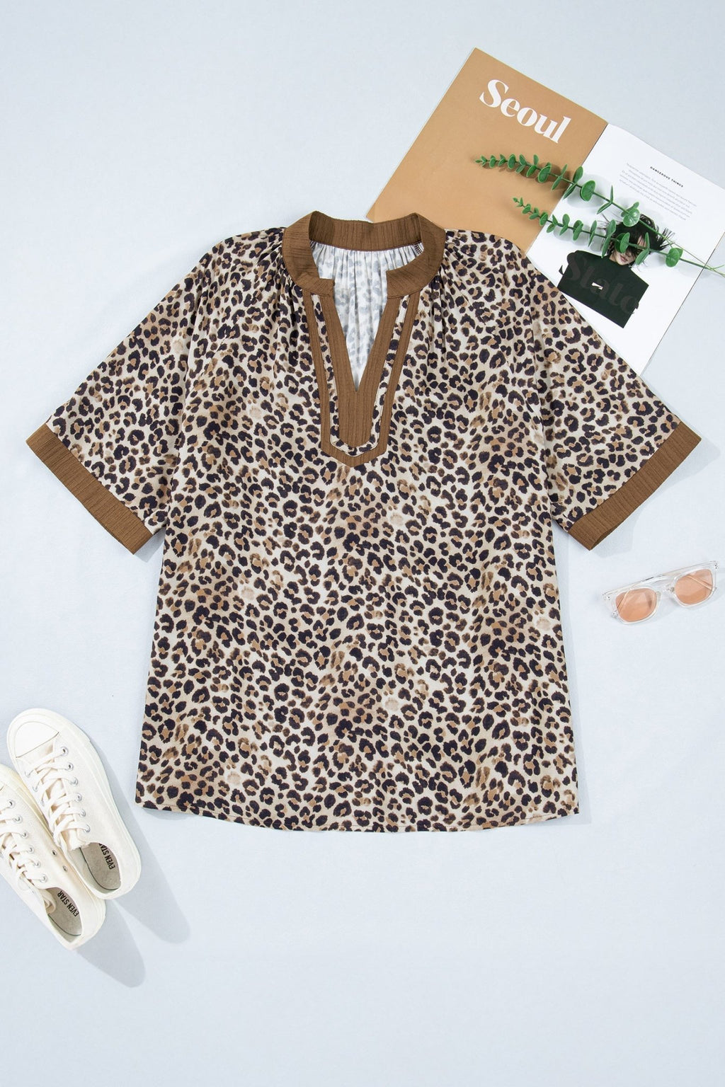 Plus Size Leopard Patchwork Crinkled V-Neck Blouse - Rooted & Reckless Co.