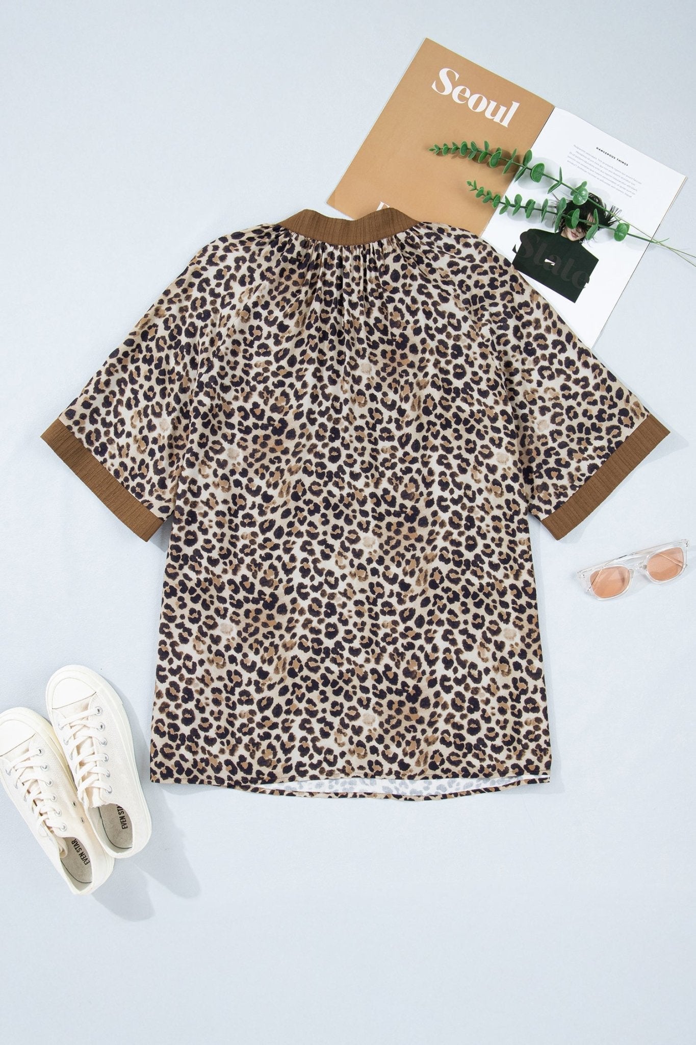 Plus Size Leopard Patchwork Crinkled V-Neck Blouse - Rooted & Reckless Co.