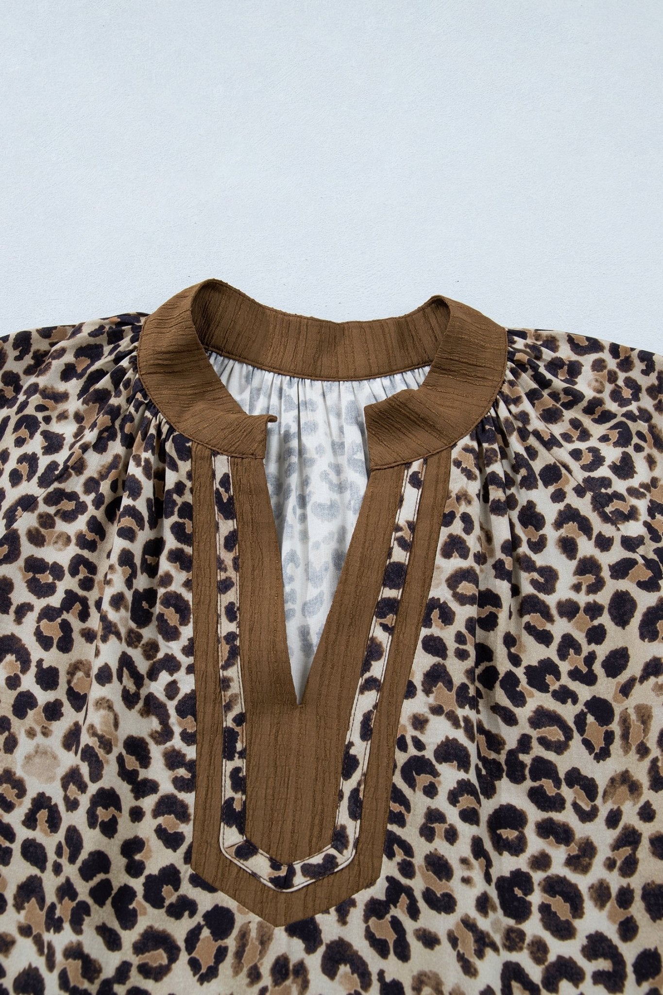 Plus Size Leopard Patchwork Crinkled V-Neck Blouse - Rooted & Reckless Co.