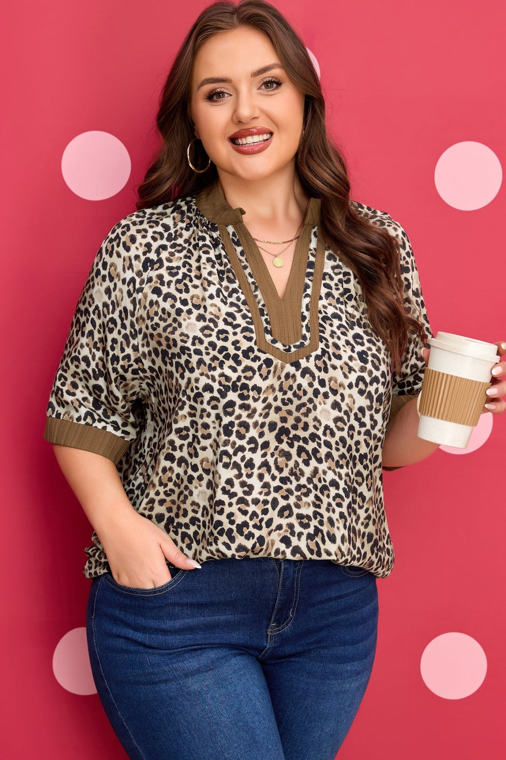 Plus Size Leopard Patchwork Crinkled V-Neck Blouse - Rooted & Reckless Co.