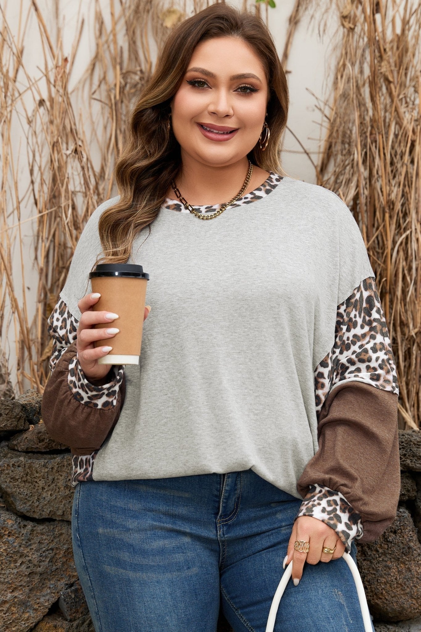 Plus Size Leopard Patchwork Dolman Sleeve Sweatshirt - Rooted & Reckless Co.