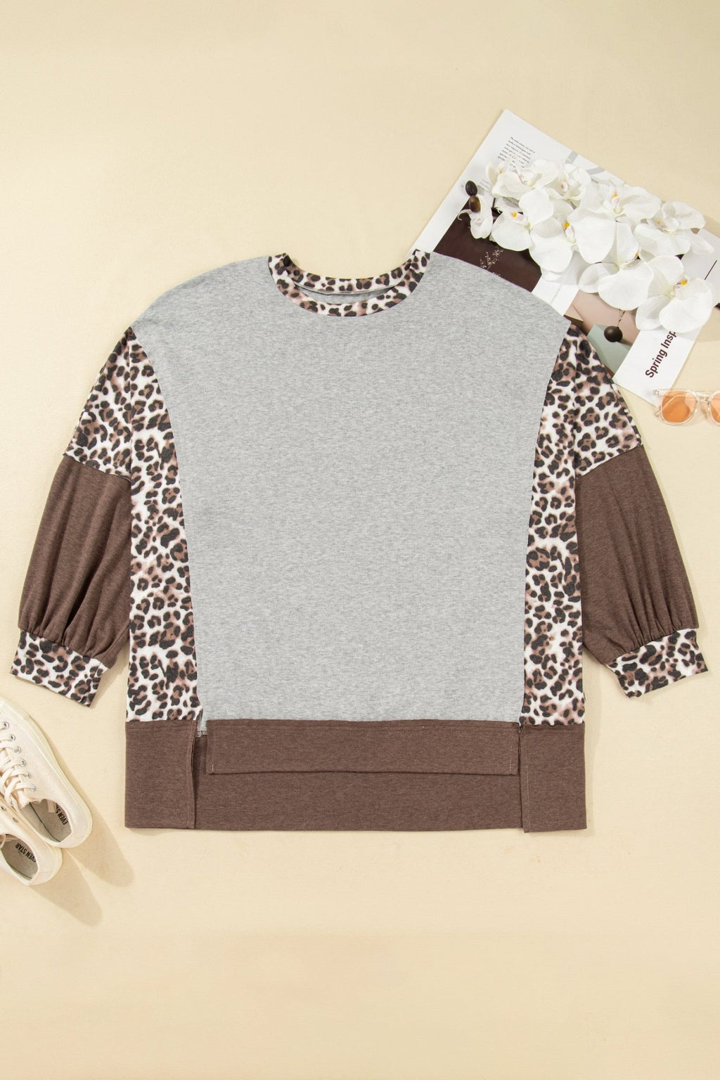 Plus Size Leopard Patchwork Dolman Sleeve Sweatshirt - Rooted & Reckless Co.