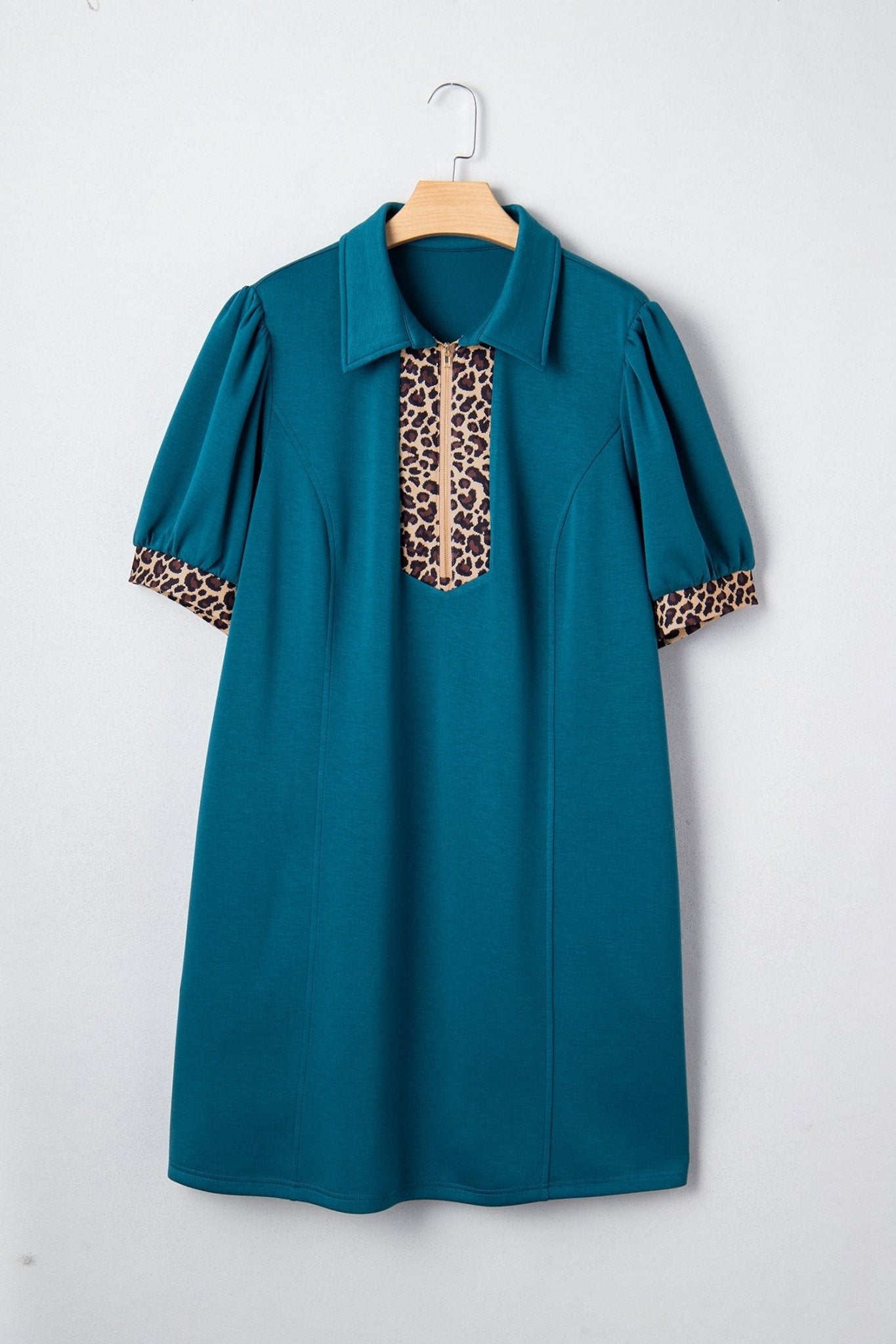 Plus Size Leopard Patchwork Quarter-Zip Collared Dress - Rooted & Reckless Co.
