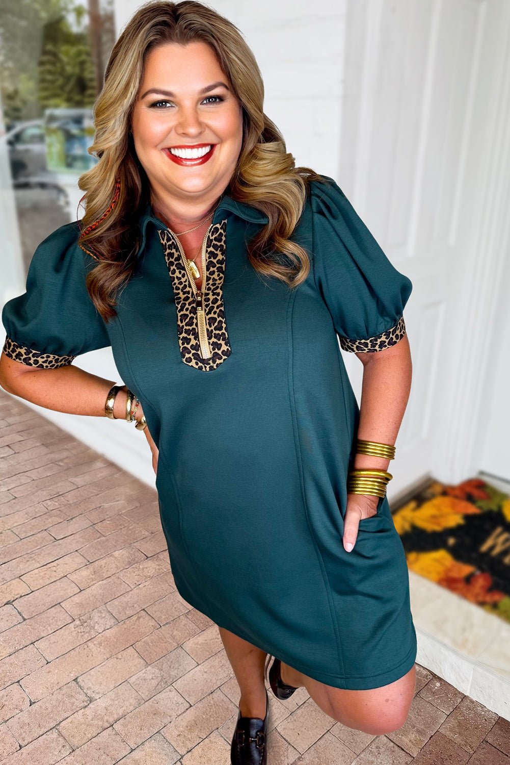 Plus Size Leopard Patchwork Quarter-Zip Collared Dress - Rooted & Reckless Co.