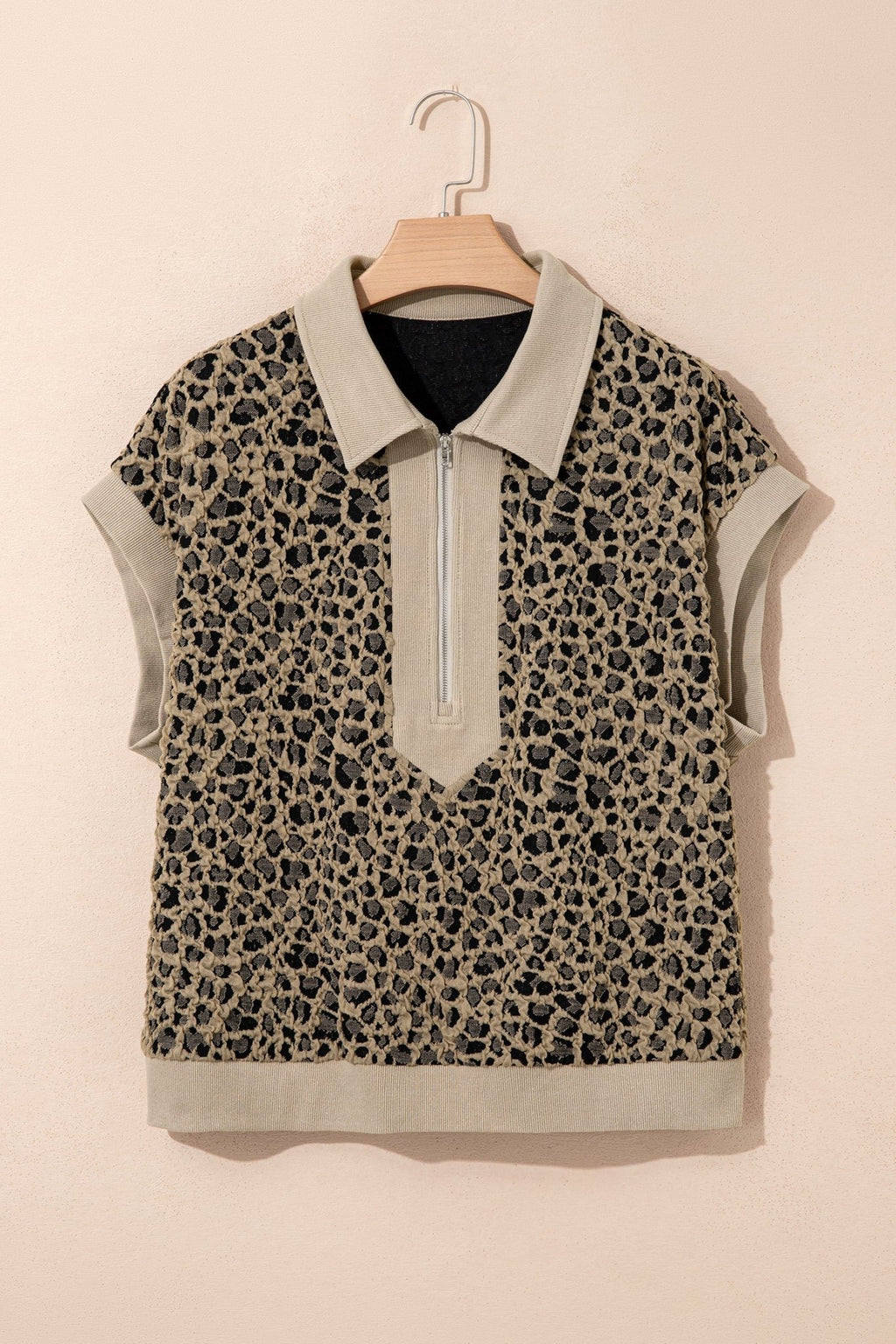Plus Size Leopard Patchwork Ribbed Zip Up Collar Top - Rooted & Reckless Co.