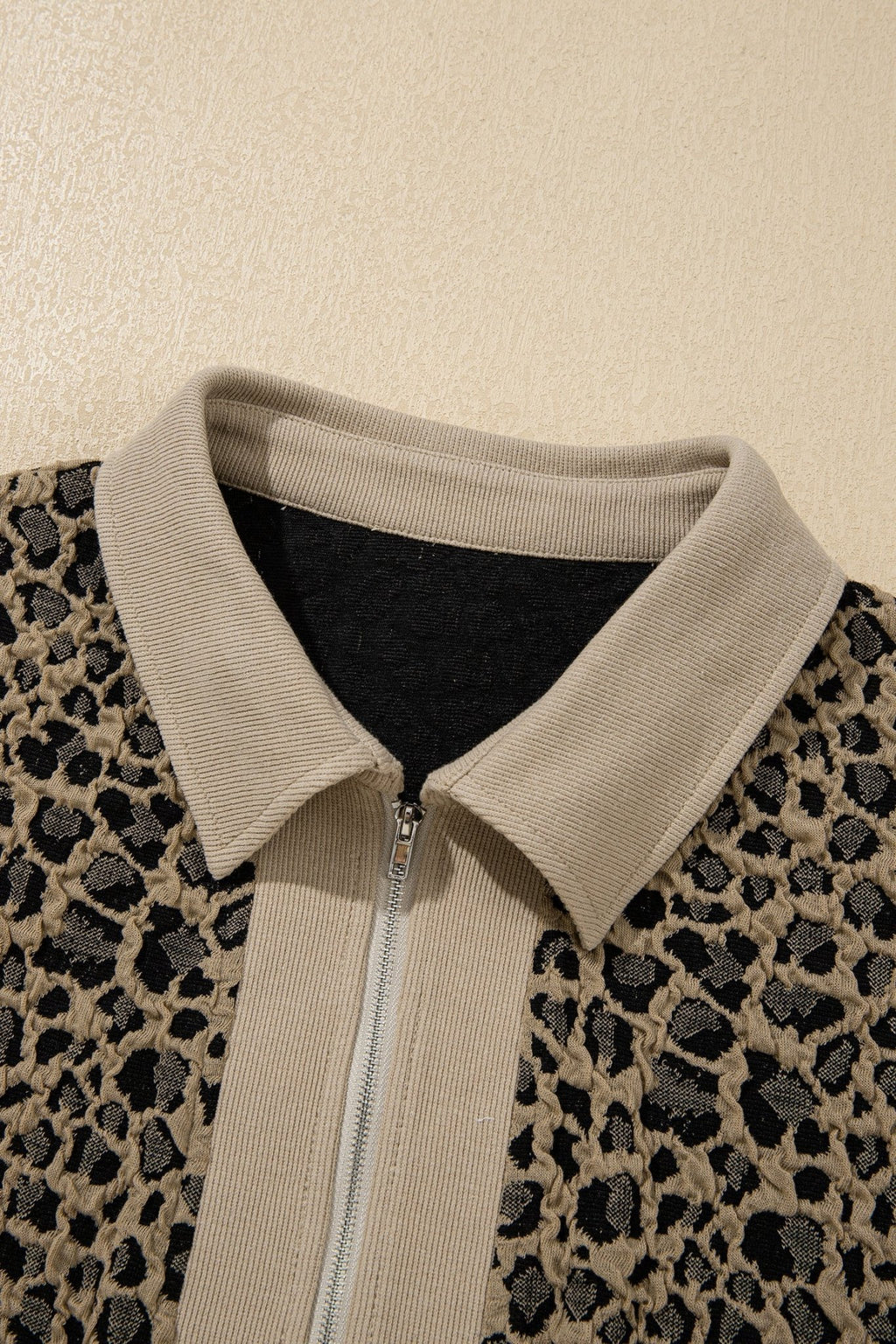 Plus Size Leopard Patchwork Ribbed Zip Up Collar Top - Rooted & Reckless Co.