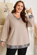 Plus Size Leopard Patchwork V-Neck Long Sleeve Top - Rooted & Reckless Co.