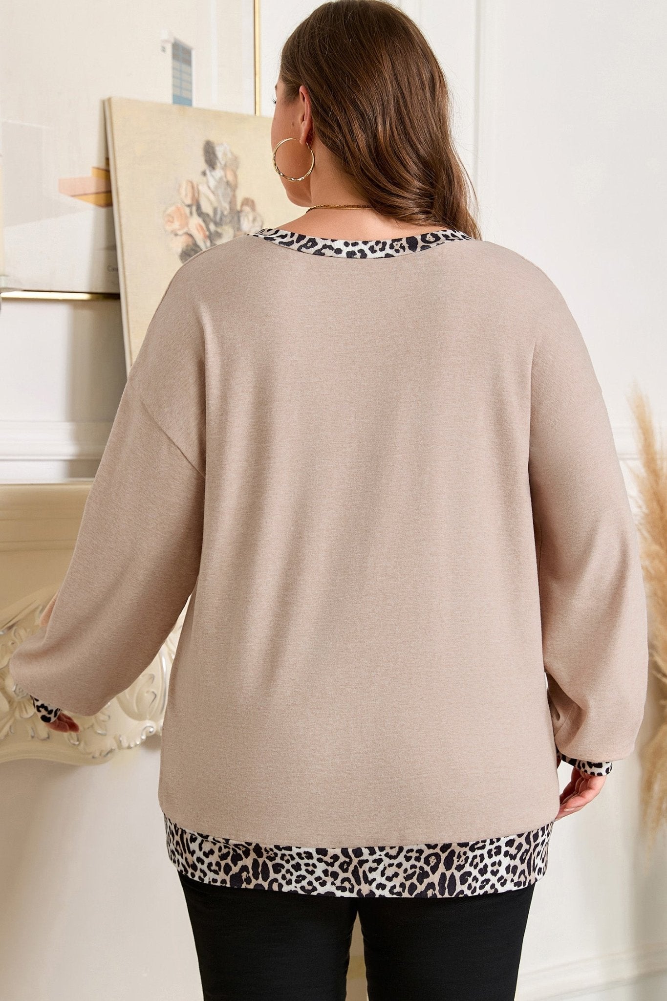 Plus Size Leopard Patchwork V-Neck Long Sleeve Top - Rooted & Reckless Co.