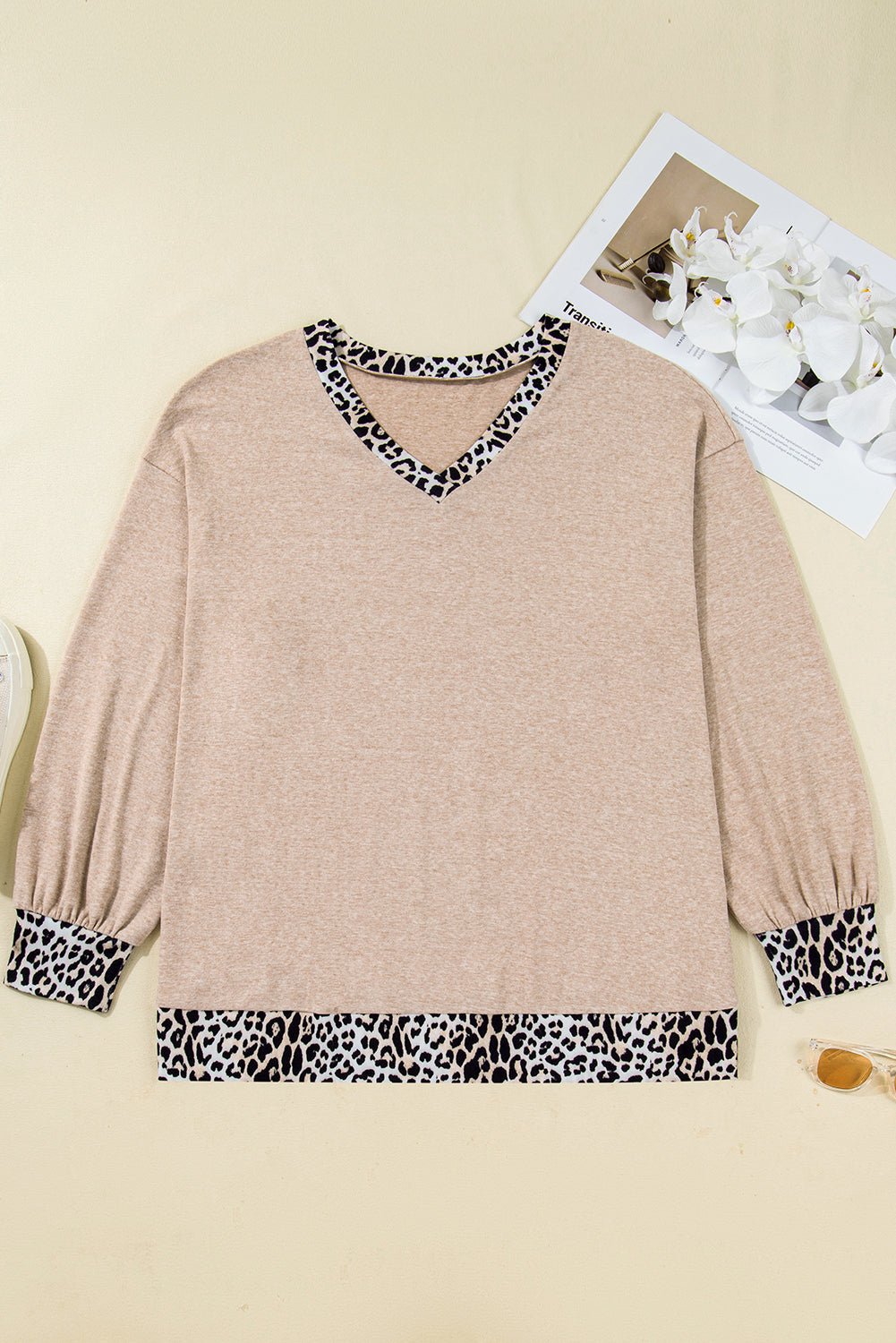 Plus Size Leopard Patchwork V-Neck Long Sleeve Top - Rooted & Reckless Co.