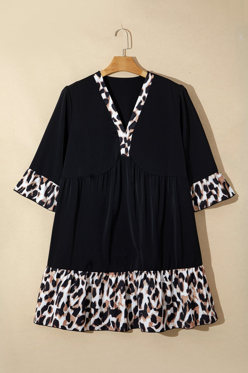 Plus Size Leopard Patchwork V-Neck Ruffle Dress - Rooted & Reckless Co.