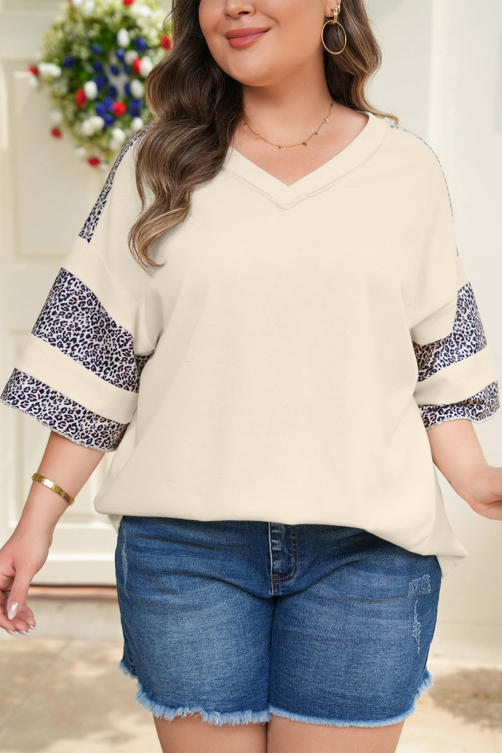 Plus Size Leopard Patchwork V-Neck Short Sleeve Top - Rooted & Reckless Co.
