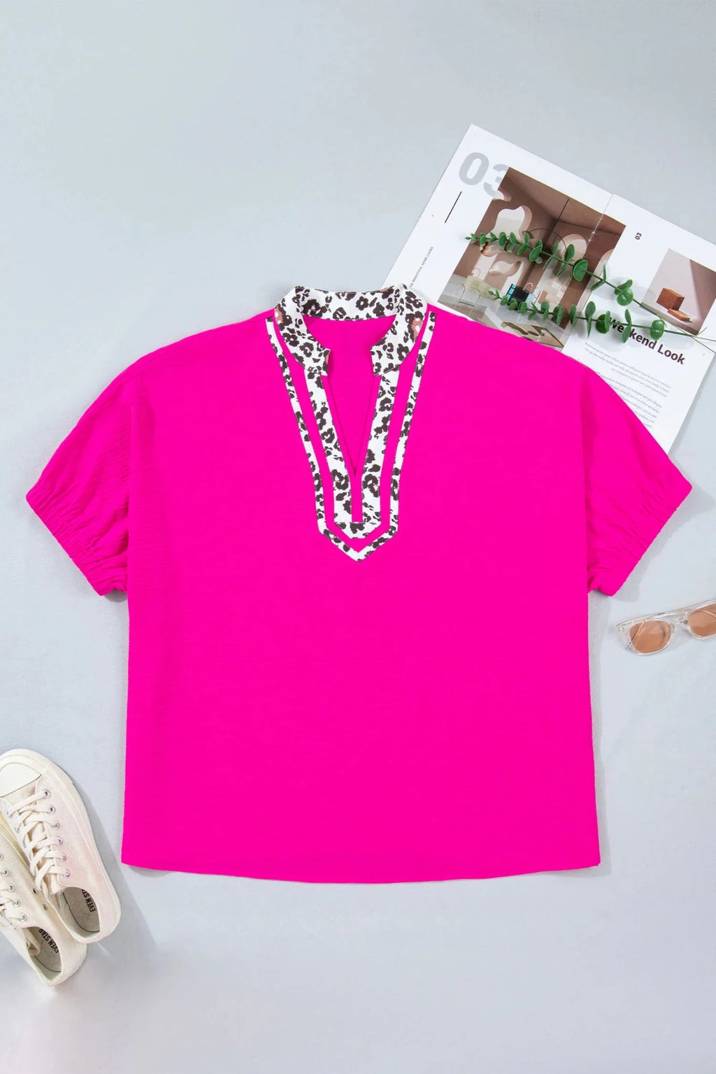 Plus Size Leopard Patchwork V-Neck Short Sleeve Top - Rooted & Reckless Co.