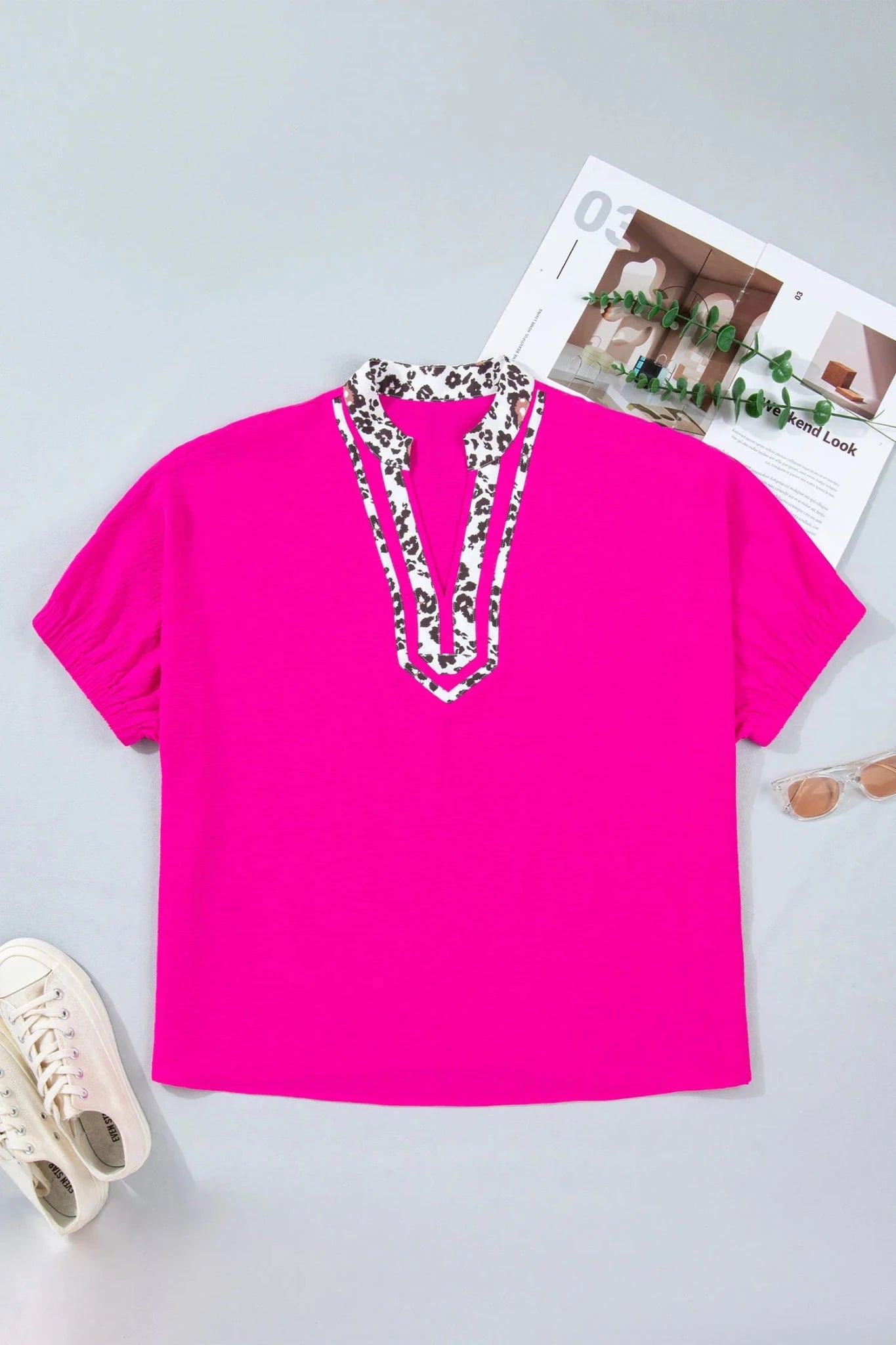 Plus Size Leopard Patchwork V-Neck Short Sleeve Top - Rooted & Reckless Co.