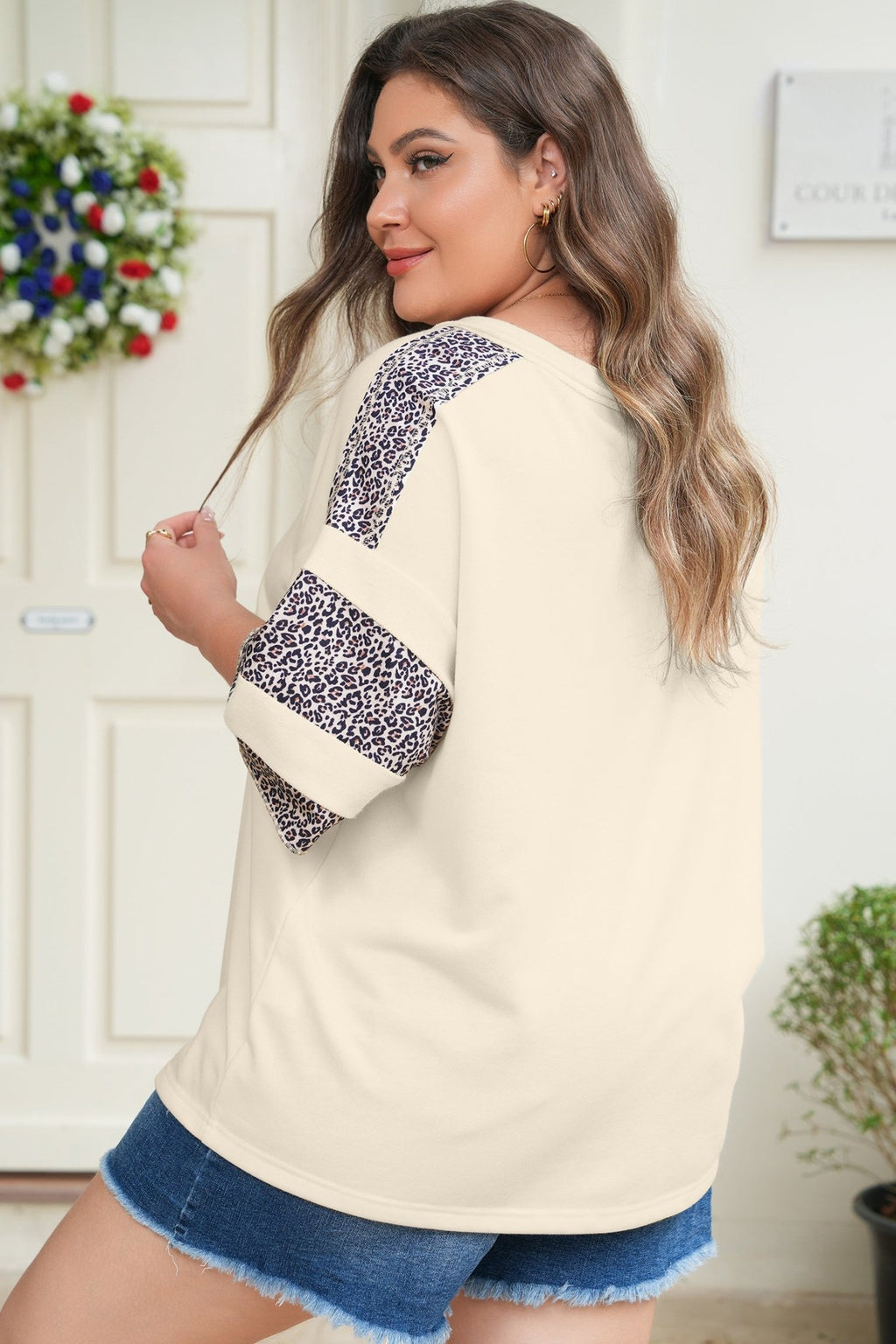 Plus Size Leopard Patchwork V-Neck Short Sleeve Top - Rooted & Reckless Co.