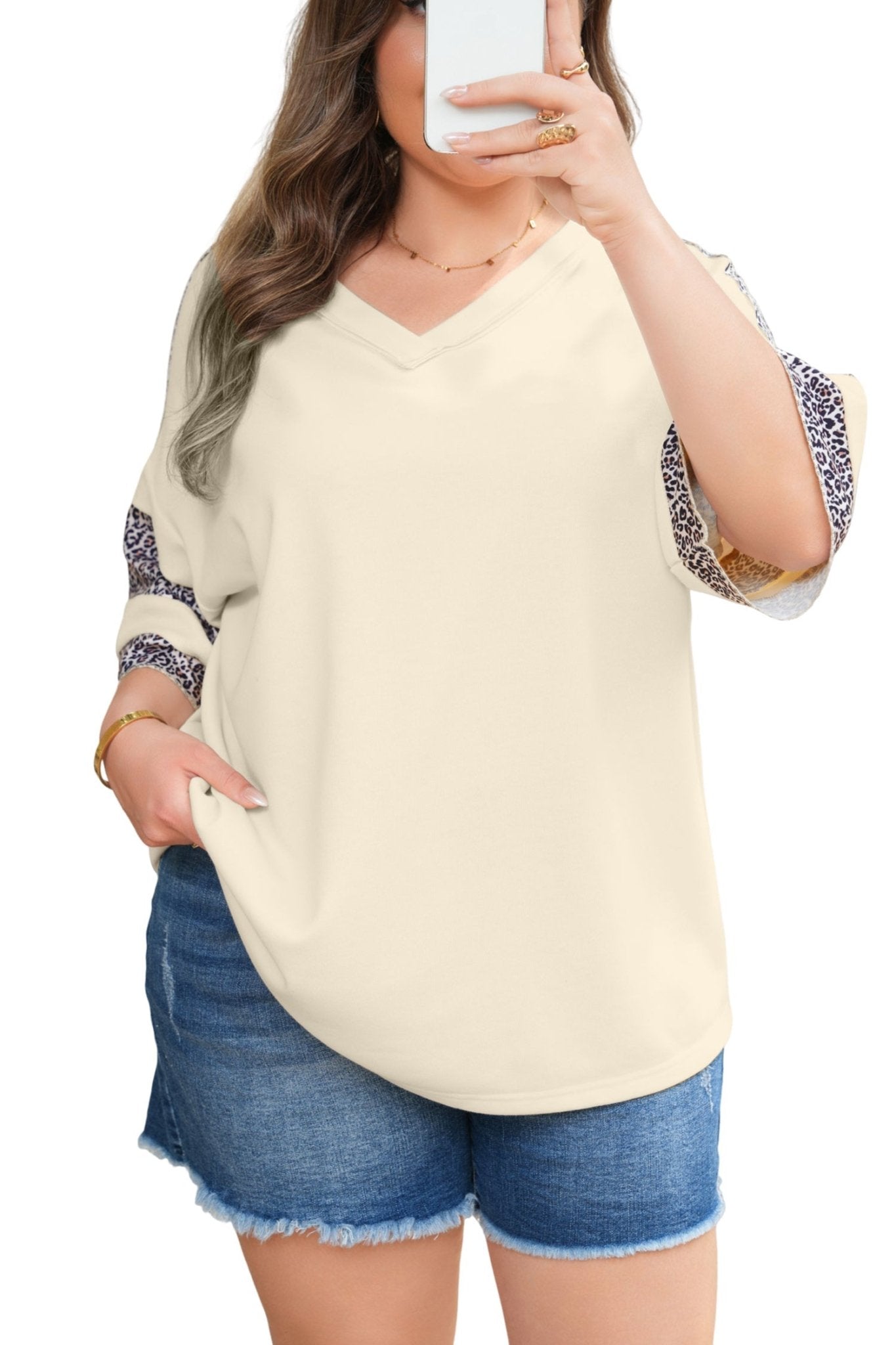 Plus Size Leopard Patchwork V-Neck Short Sleeve Top - Rooted & Reckless Co.