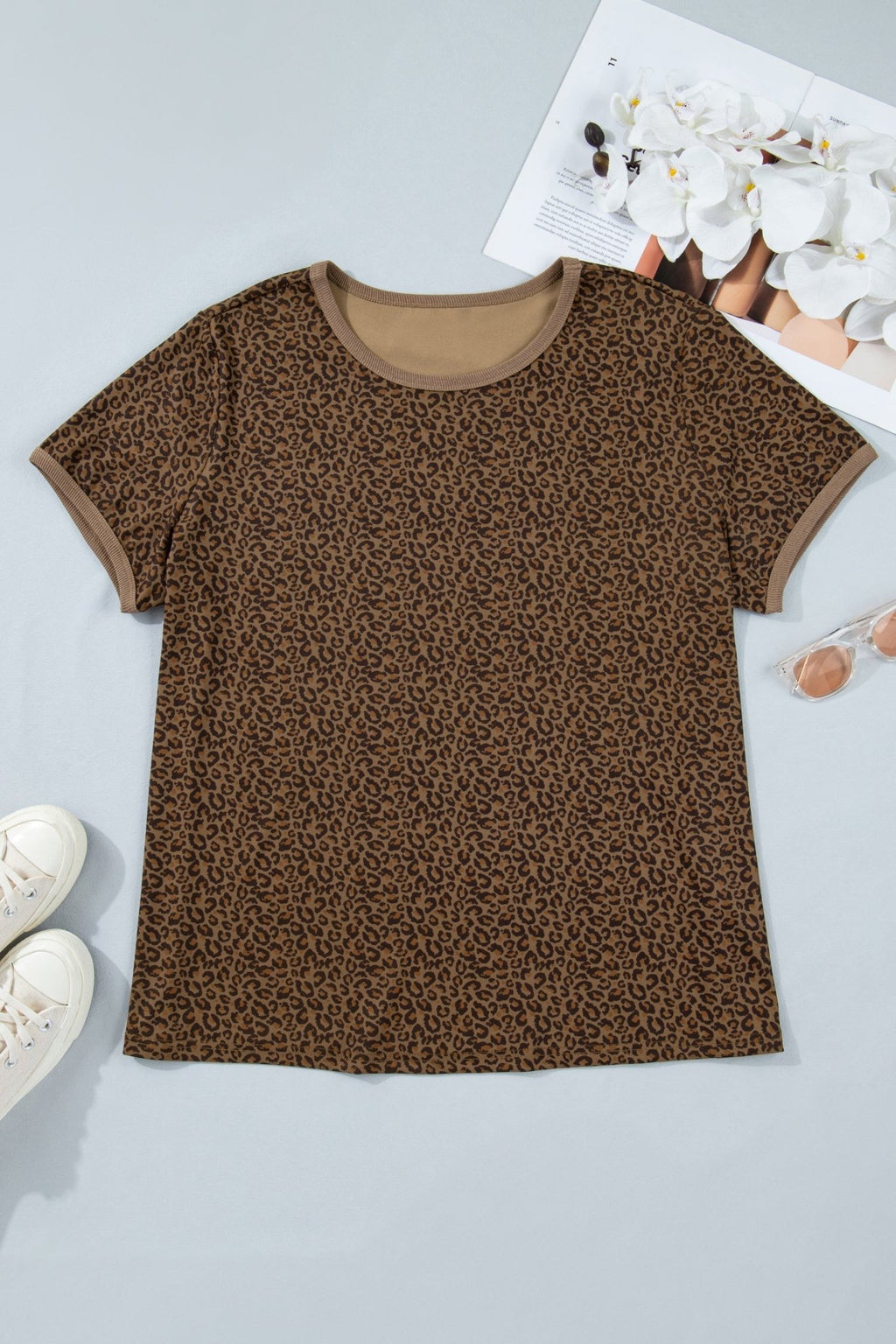 Plus Size Leopard Ribbed Trim Short Sleeve Tee - Rooted & Reckless Co.