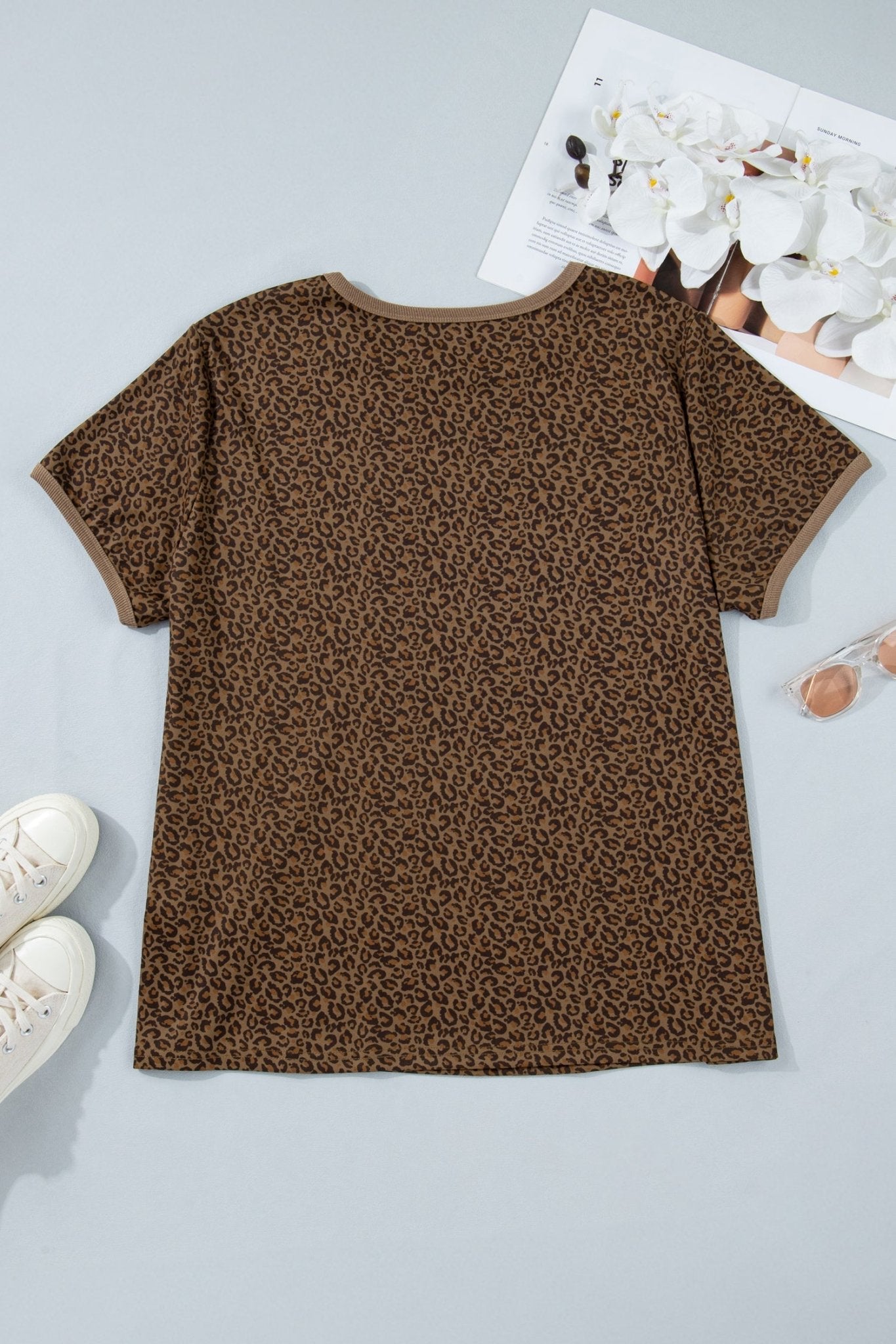 Plus Size Leopard Ribbed Trim Short Sleeve Tee - Rooted & Reckless Co.
