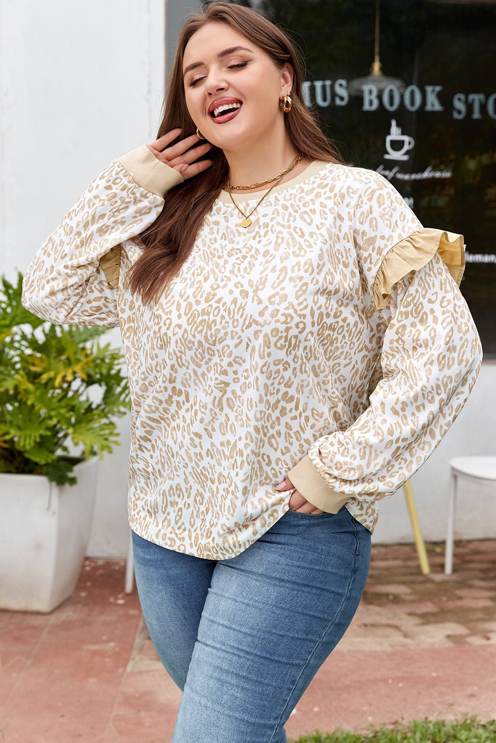 Plus Size Leopard Ruffle Long Sleeve Sweatshirt - Rooted & Reckless Co.