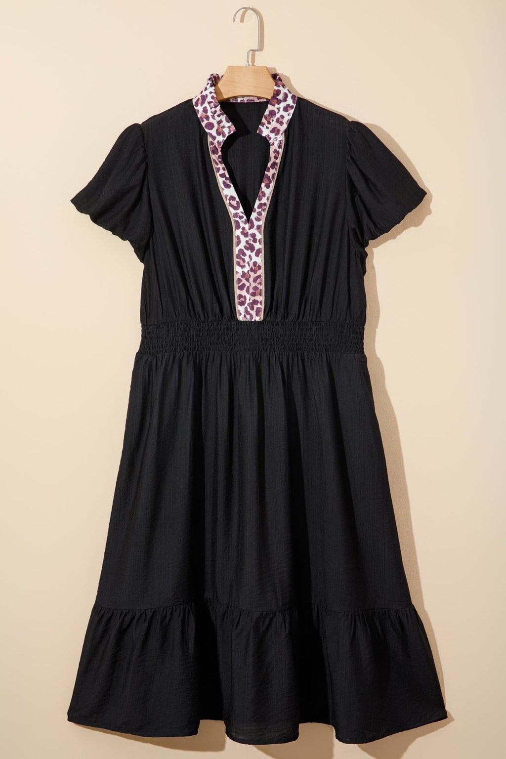 Plus Size Leopard Ruffle V-Neck Smocked Waist Dress - Rooted & Reckless Co.