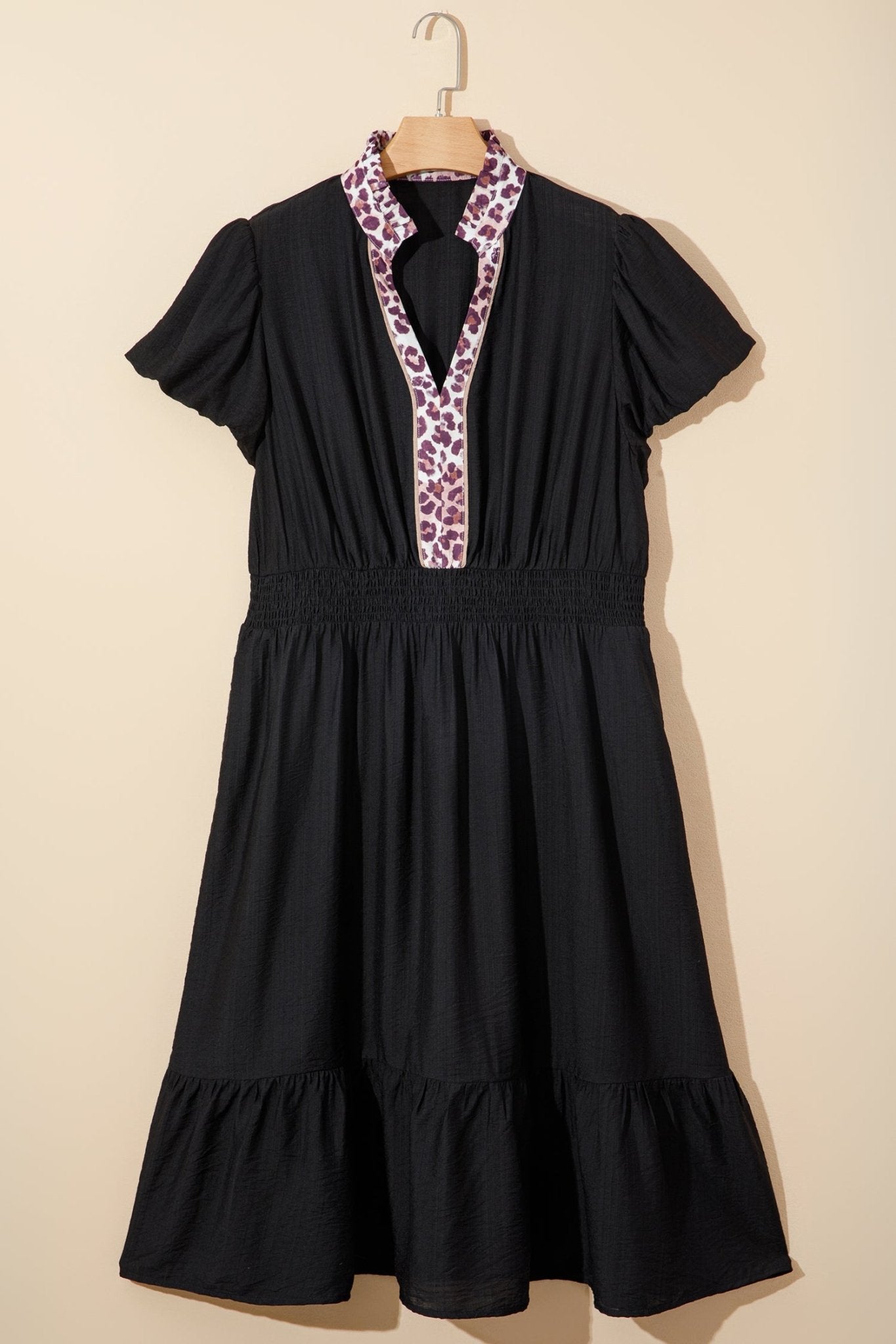 Plus Size Leopard Ruffle V-Neck Smocked Waist Dress - Rooted & Reckless Co.