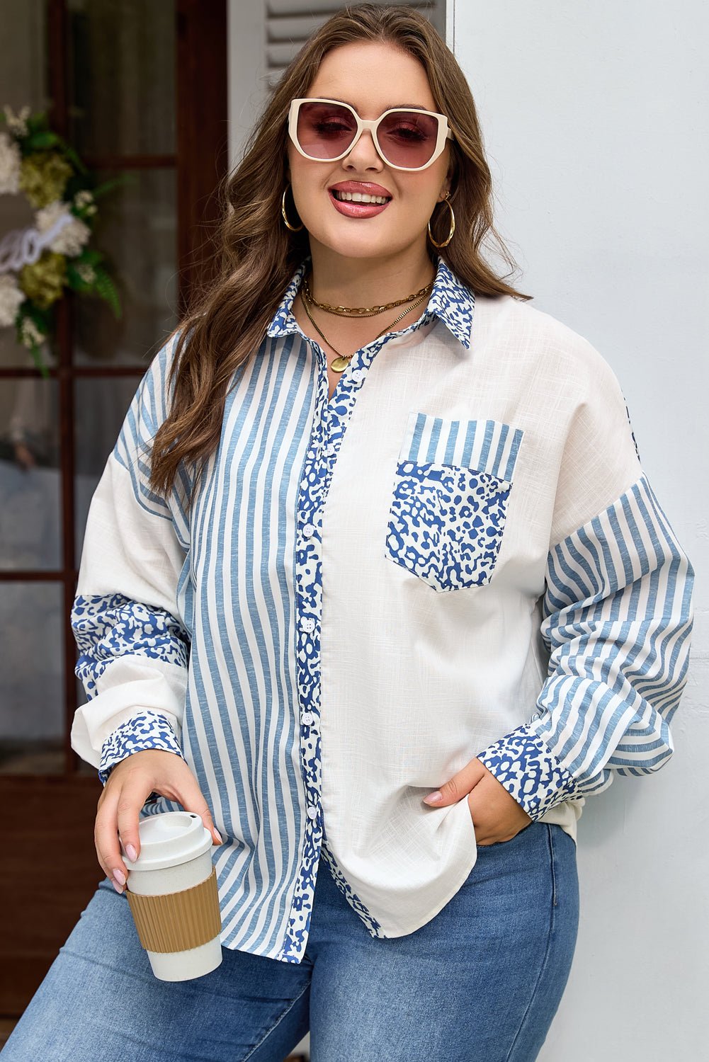 Plus Size Leopard Stripe Patchwork Button-Up Shirt - Rooted & Reckless Co.