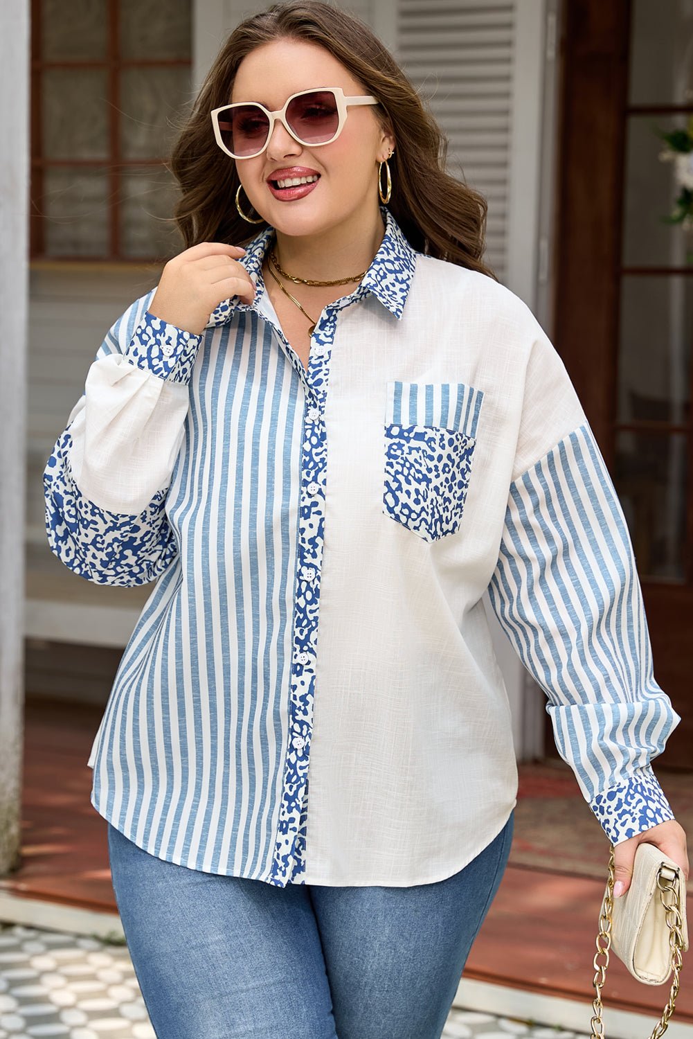 Plus Size Leopard Stripe Patchwork Button-Up Shirt - Rooted & Reckless Co.