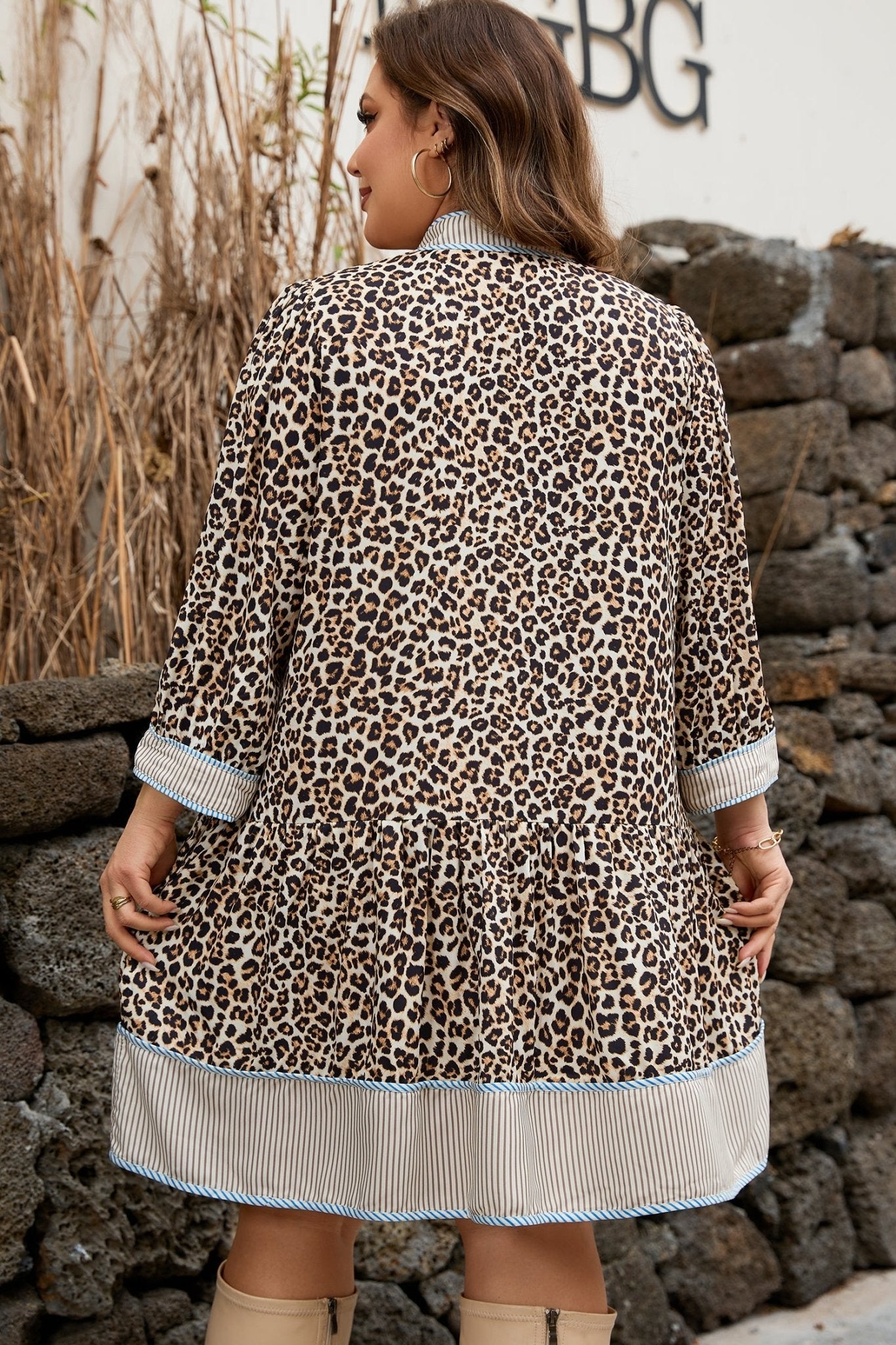Plus Size Leopard Stripe Trim V-Neck Mini Dress - Rooted & Reckless Co.