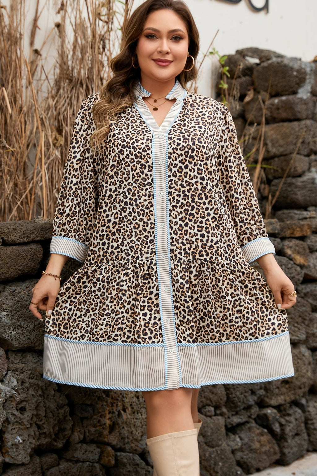 Plus Size Leopard Stripe Trim V-Neck Mini Dress - Rooted & Reckless Co.
