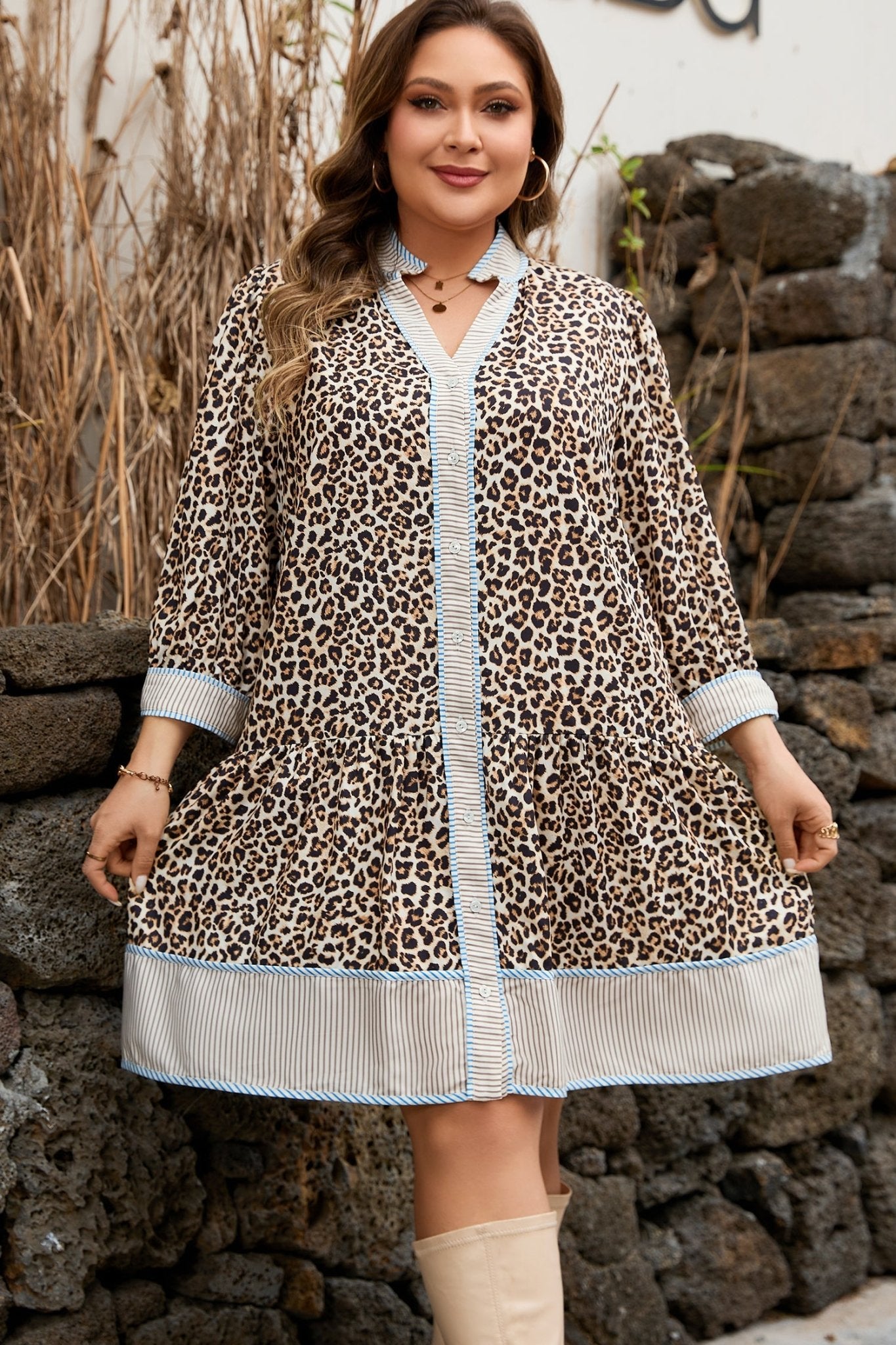 Plus Size Leopard Stripe Trim V-Neck Mini Dress - Rooted & Reckless Co.