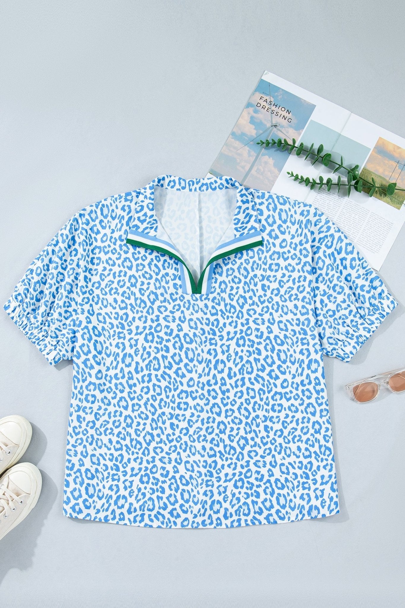 Plus Size Leopard Stripe V-Neck Short Sleeve Blouse - Rooted & Reckless Co.