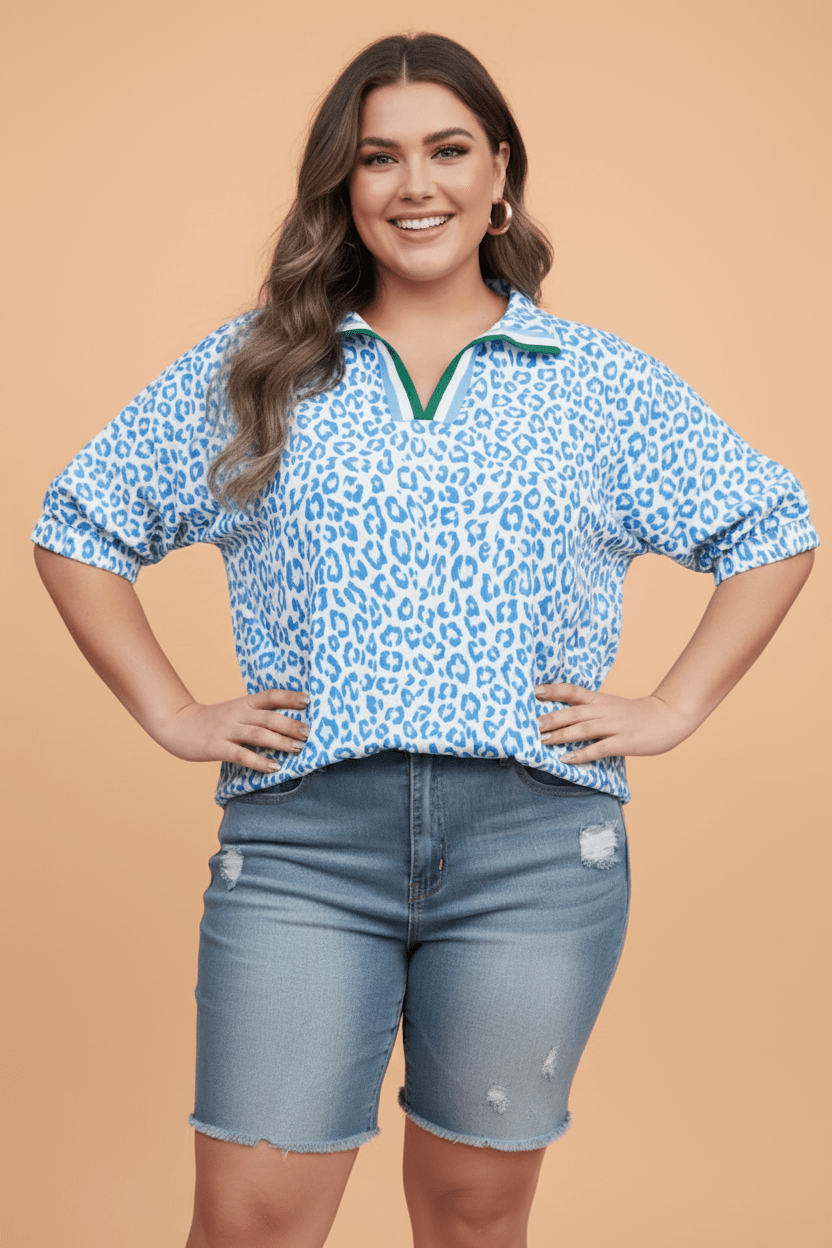 Plus Size Leopard Stripe V-Neck Short Sleeve Blouse - Rooted & Reckless Co.