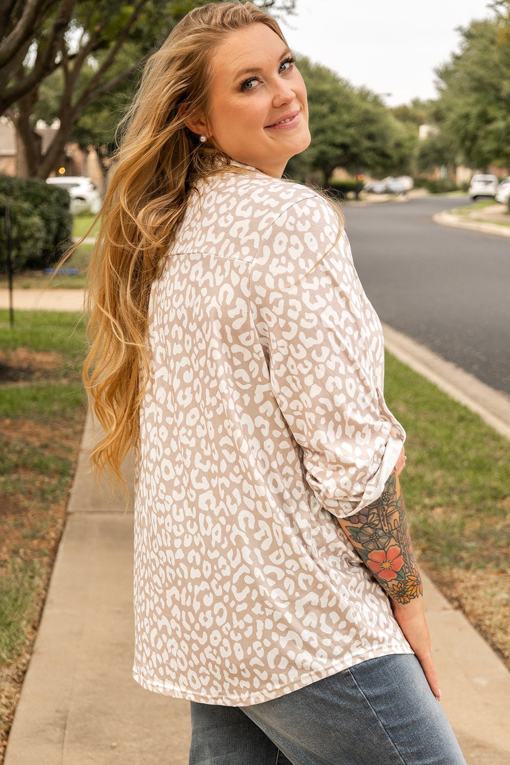 Plus Size Leopard Tab Sleeve V-Neck Top - Rooted & Reckless Co.
