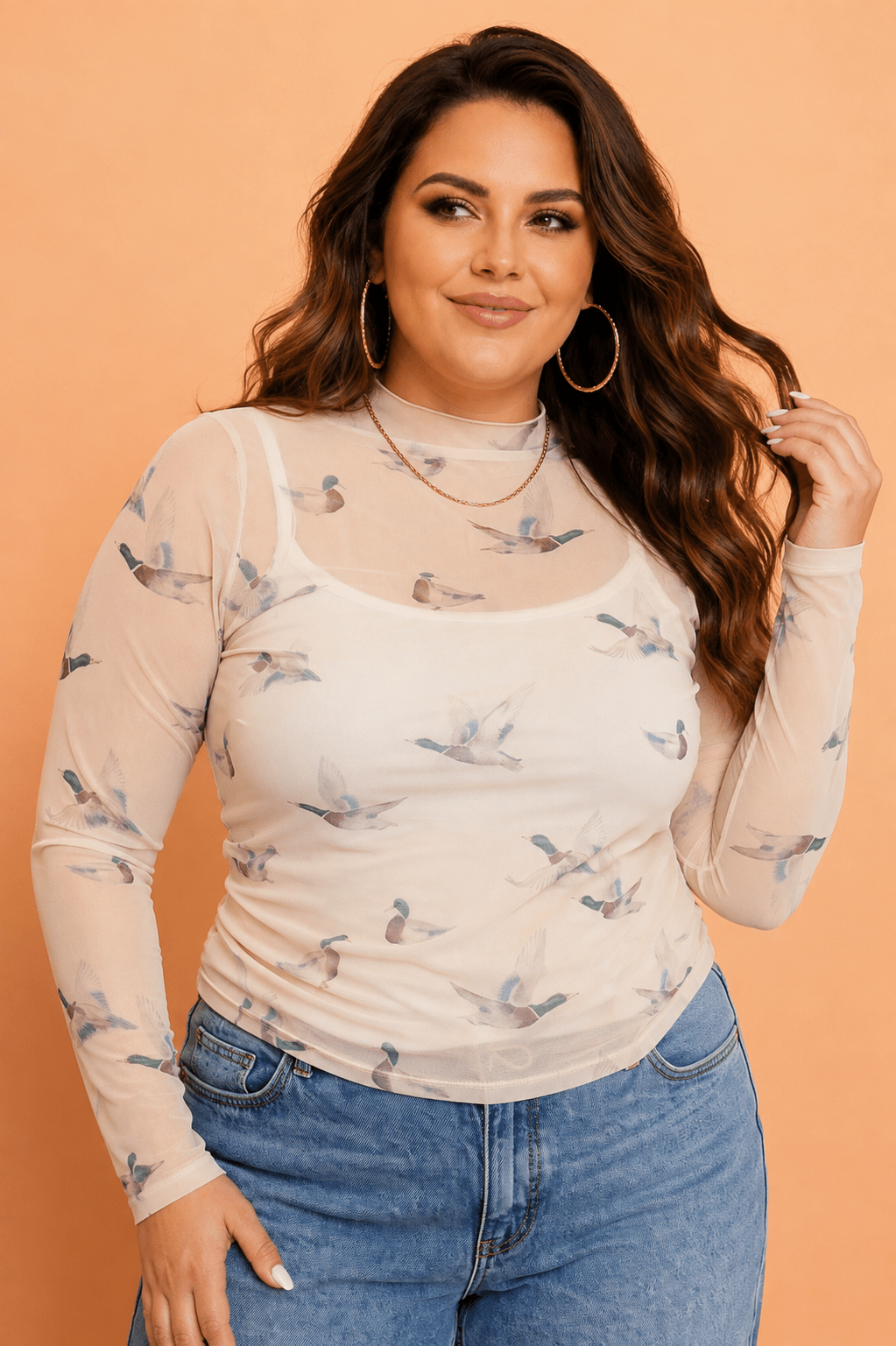 Plus Size Mallard Mesh Long Sleeve Tunic Blouse - Rooted & Reckless Co.