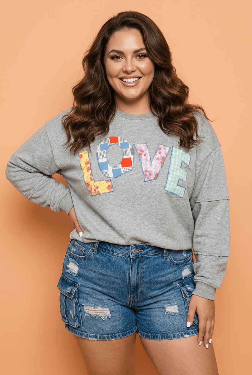 Plus Size Patch Embroidery Long Sleeve Sweatshirt - Rooted & Reckless Co.