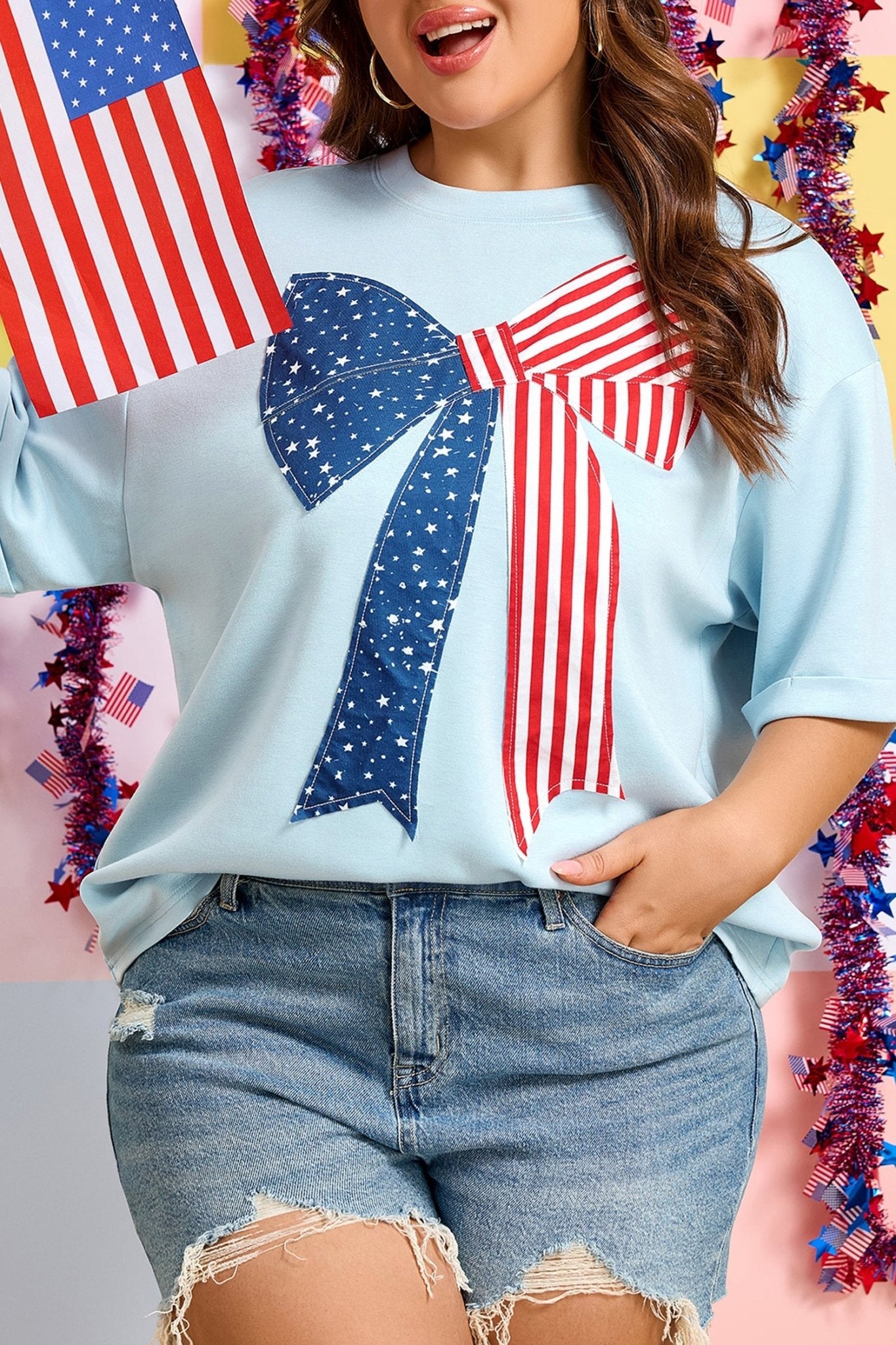 Plus Size Patriotic Stars & Stripes Bow Patchwork T-Shirt - Rooted & Reckless Co.