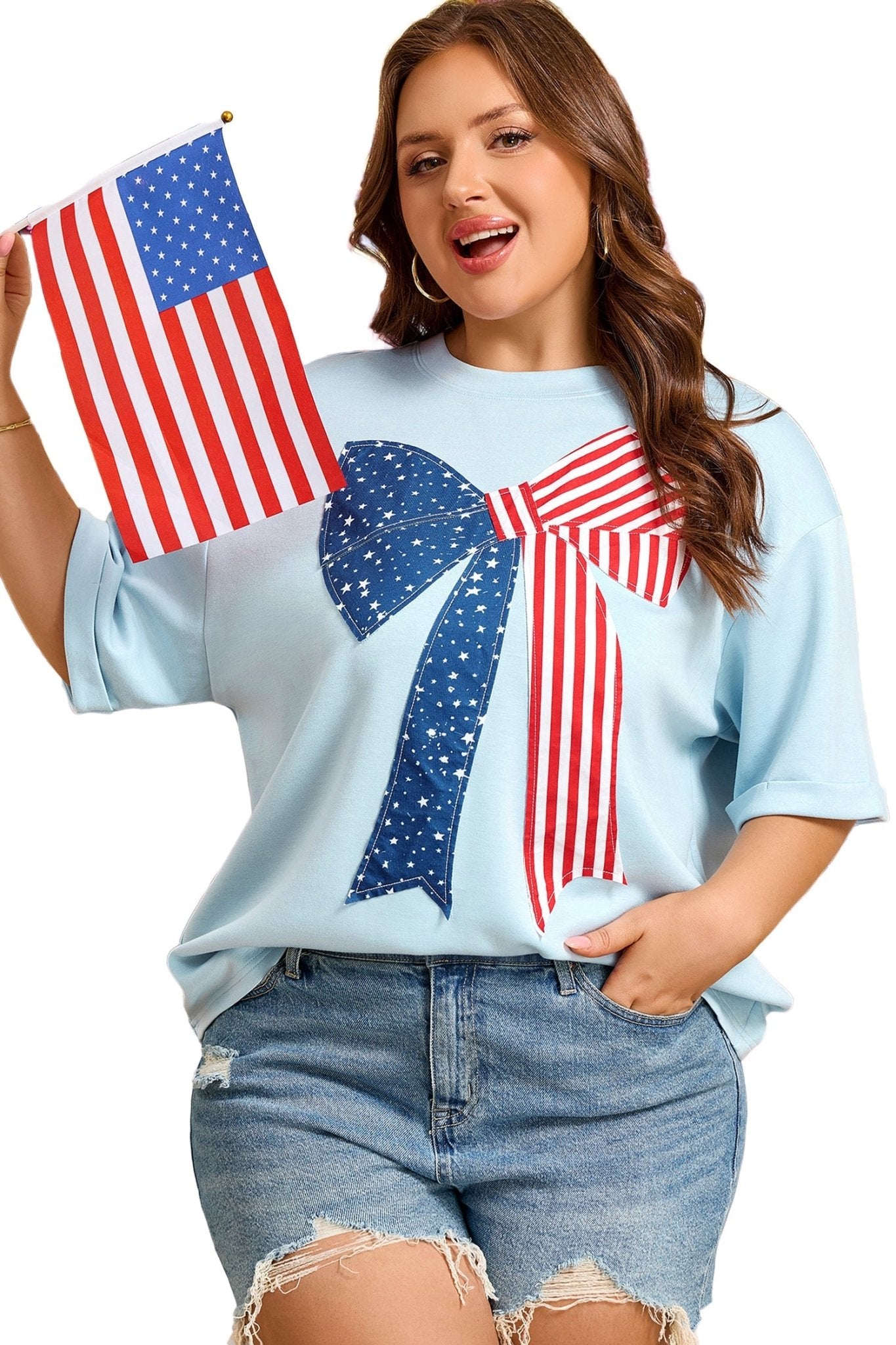 Plus Size Patriotic Stars & Stripes Bow Patchwork T-Shirt - Rooted & Reckless Co.