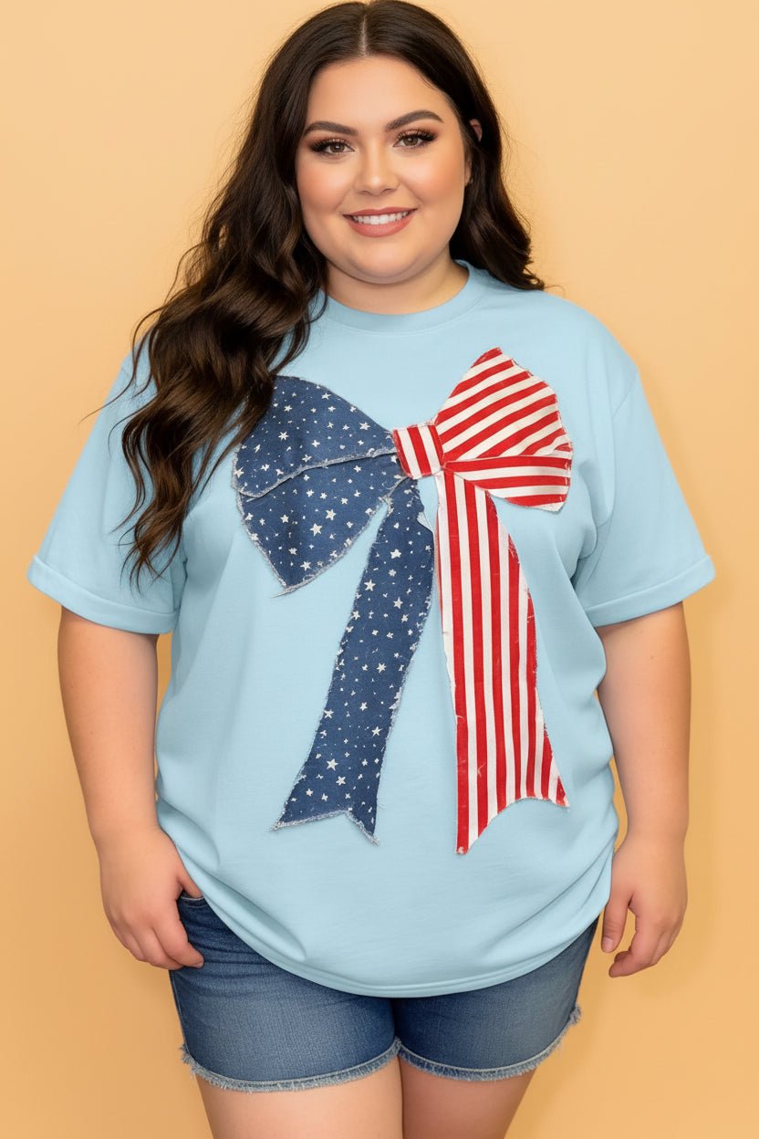 Plus Size Patriotic Stars & Stripes Bow Patchwork T-Shirt - Rooted & Reckless Co.