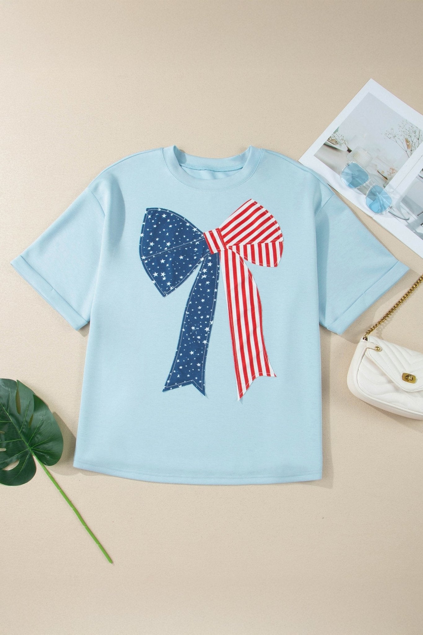 Plus Size Patriotic Stars & Stripes Bow Patchwork T-Shirt - Rooted & Reckless Co.