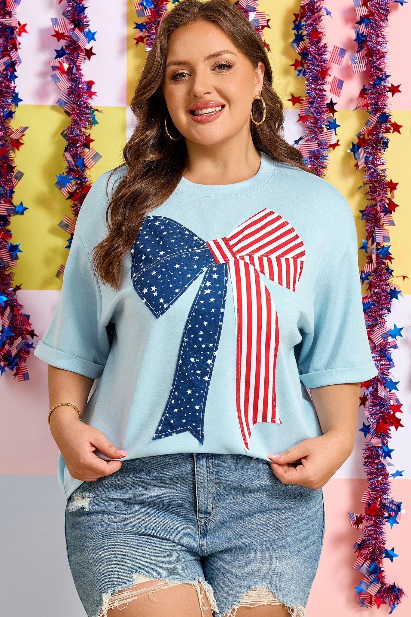 Plus Size Patriotic Stars & Stripes Bow Patchwork T-Shirt - Rooted & Reckless Co.