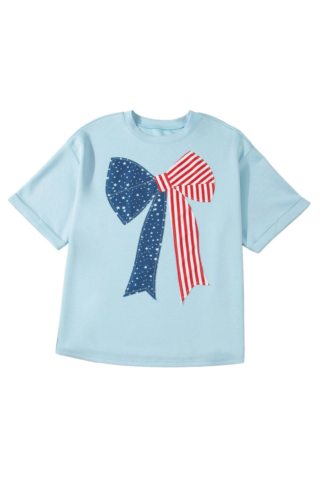 Plus Size Patriotic Stars & Stripes Bow Patchwork T-Shirt - Rooted & Reckless Co.